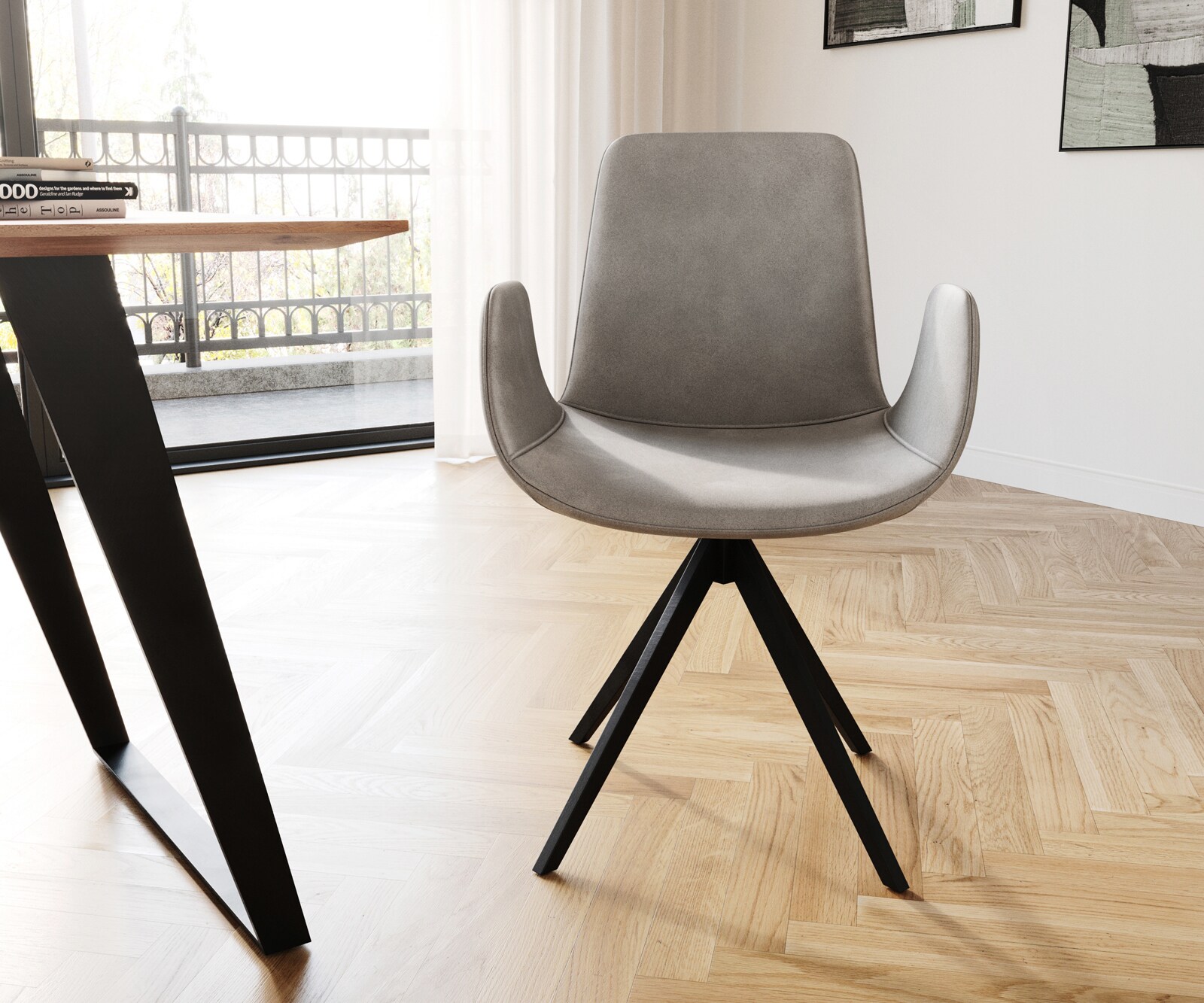 Eetkamerstoel Ilia-Flex met armleuning fluweel grijs kruisframe hoekig zwart 1 Eetkamerstoel Ilia-Flex met armleuning fluweel grijs kruisframe hoekig zwart 1