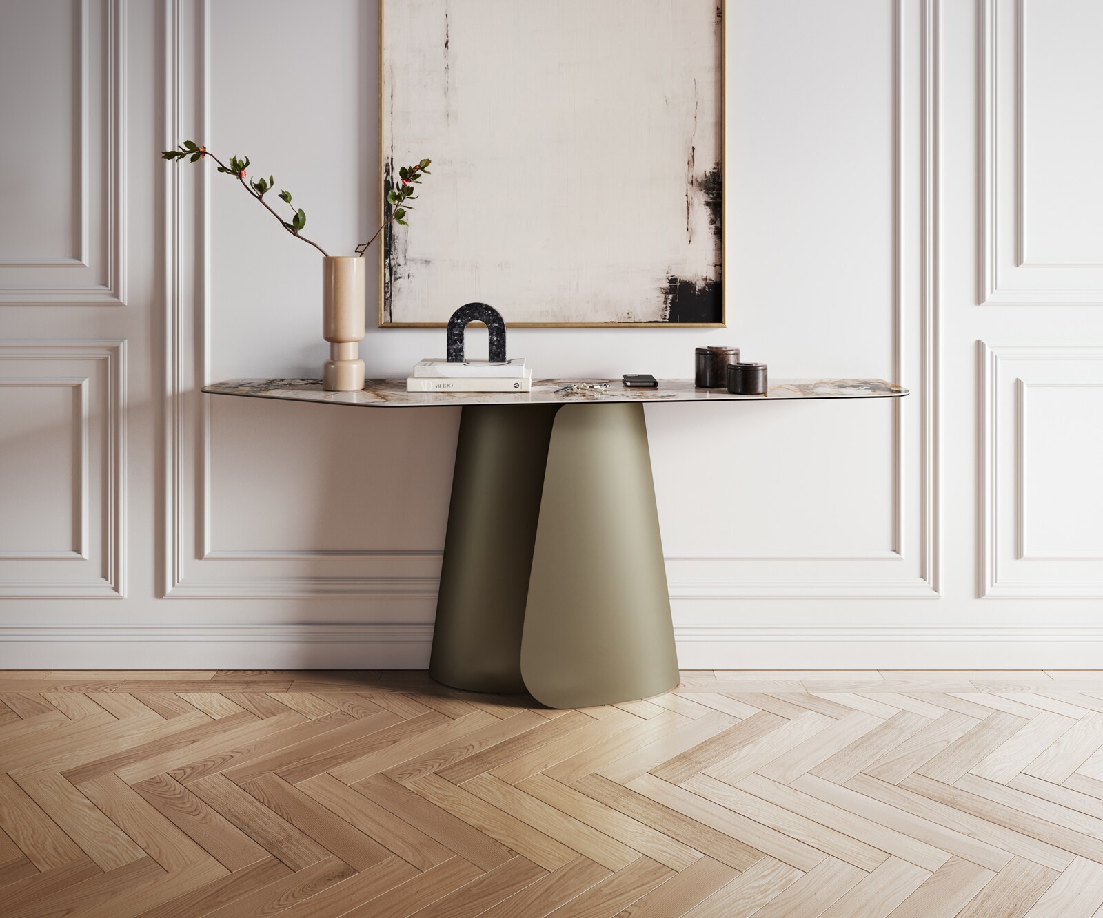Consoletafel Edge Polygonaal 180x50 cm Keramiek Patagonia Poliert Livos Metaal Effektfinish Titan 4