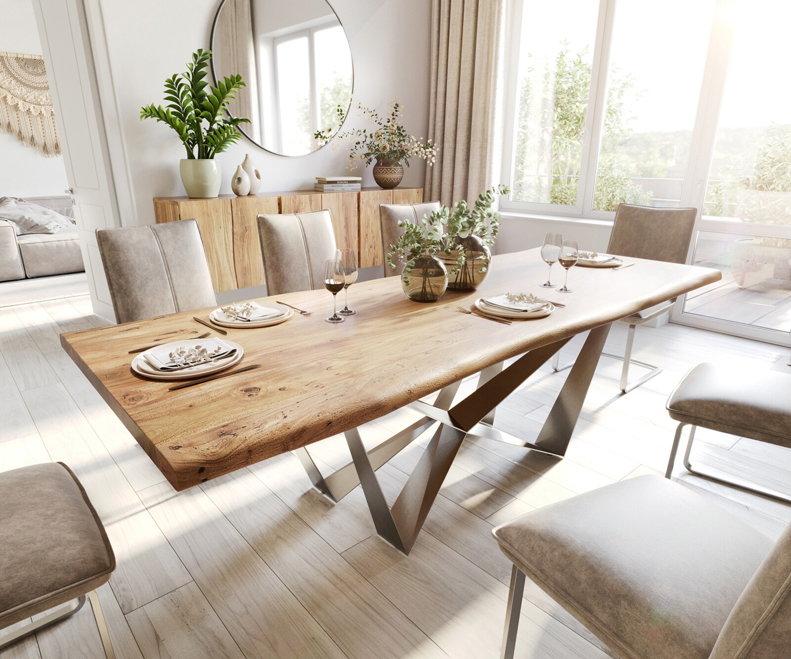 Eettafel Edge 240x100 acacia natuur Spider staal  roestvrij staal  Live-Edge