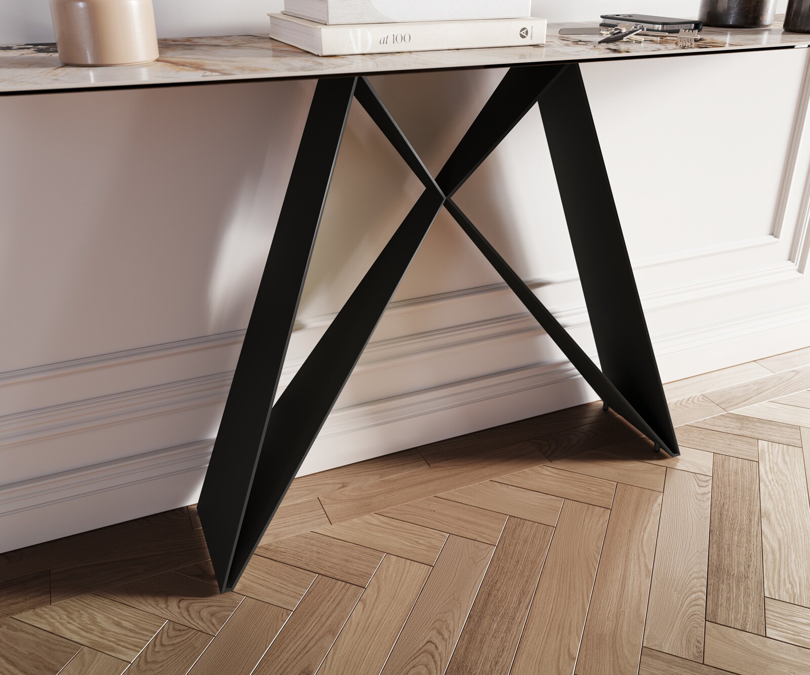 Consoletafel Edge Bootvorm 180x40 cm Keramiek Patagonia Poliert Velio Metaal Zwart 6