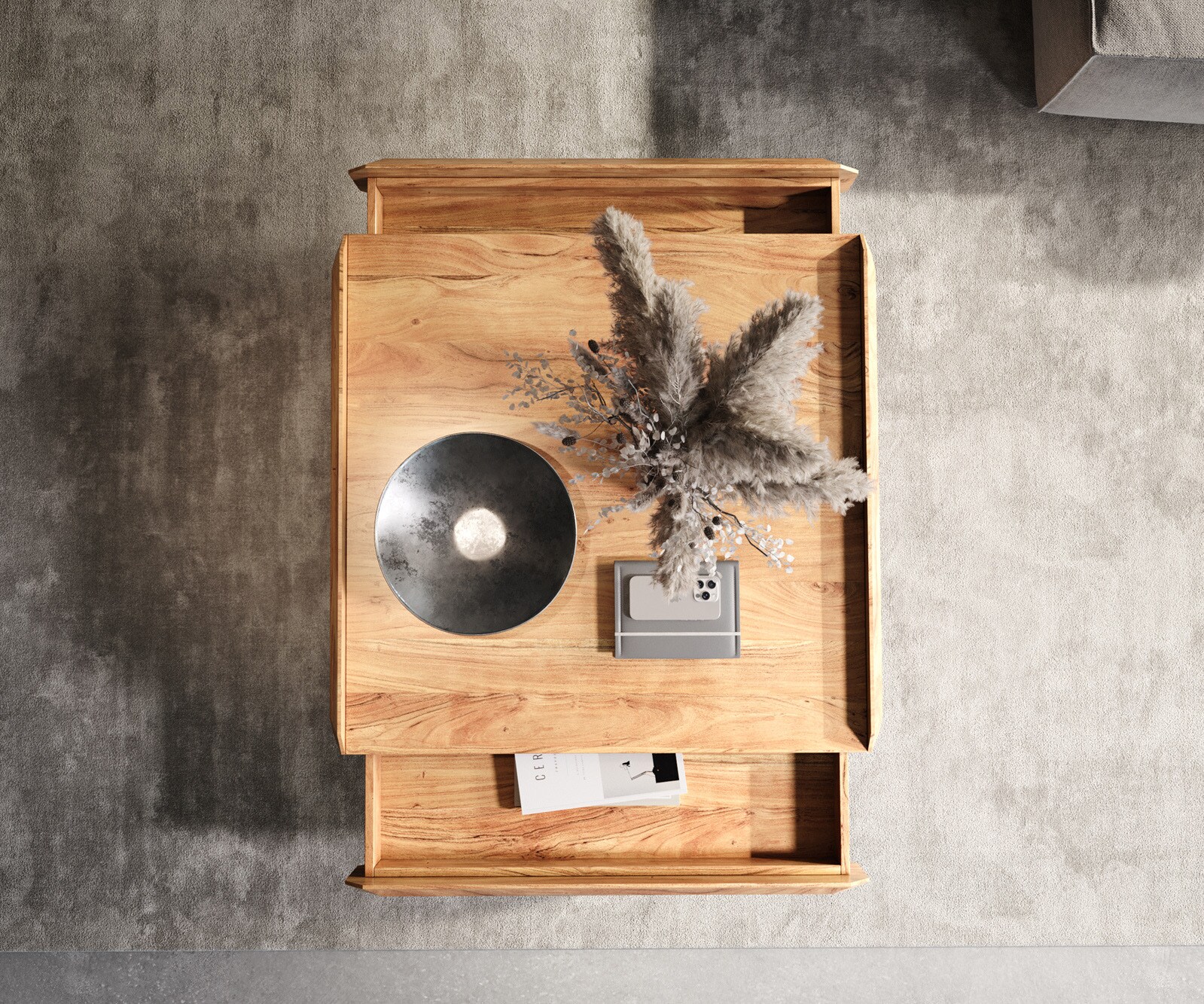 Salontafel Kiano 90x90 cm Acacia Natuur 2 Laden V-voet Zwart 3 Salontafel Kiano 90x90 cm Acacia Natuur 2 Laden V-voet Zwart 3