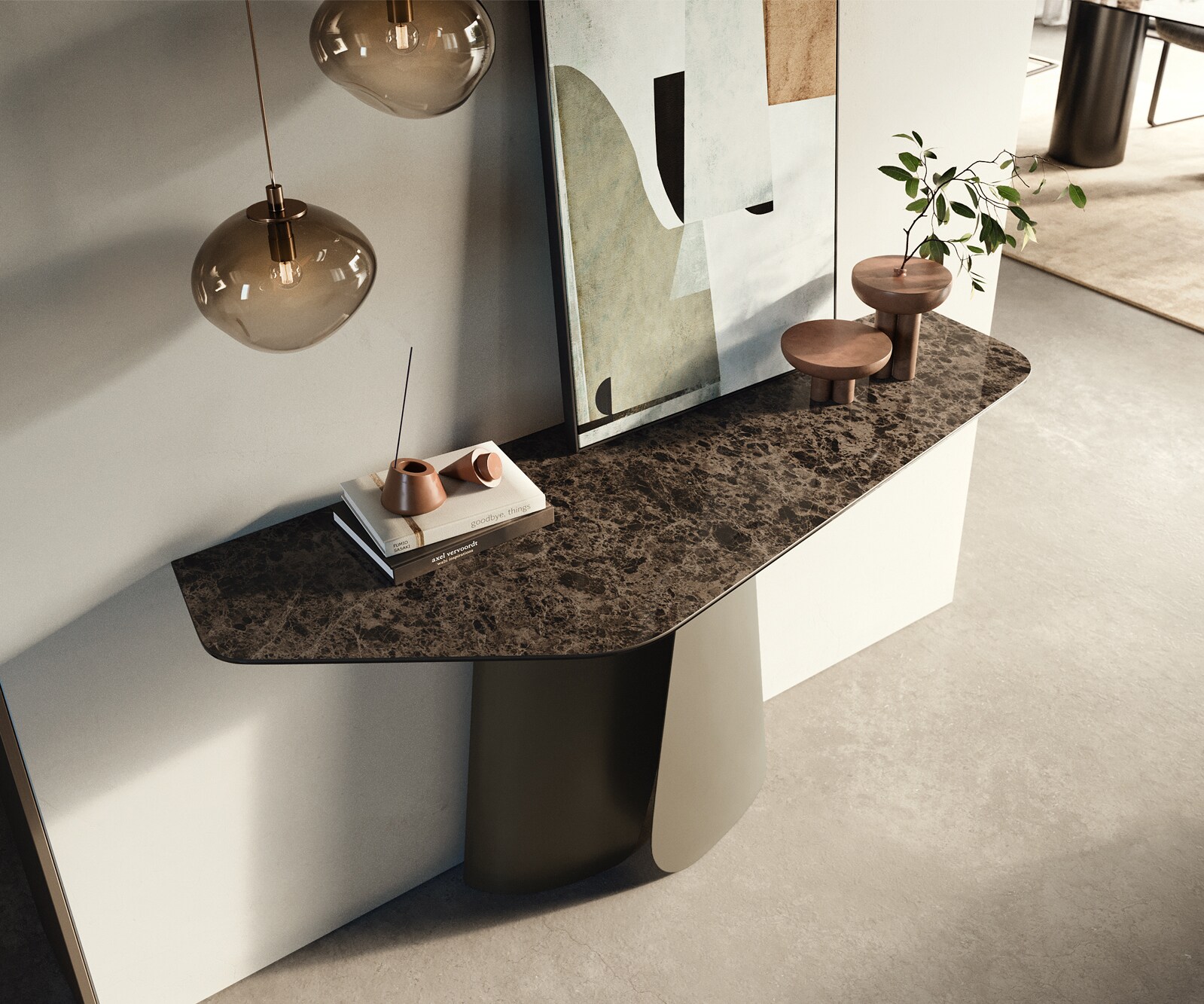 Consoletafel Edge Polygonaal 140x50 cm Keramiek Emperador Extra Lucidato Dunkelbraun Livos Metaal Effektfinish Titan 1