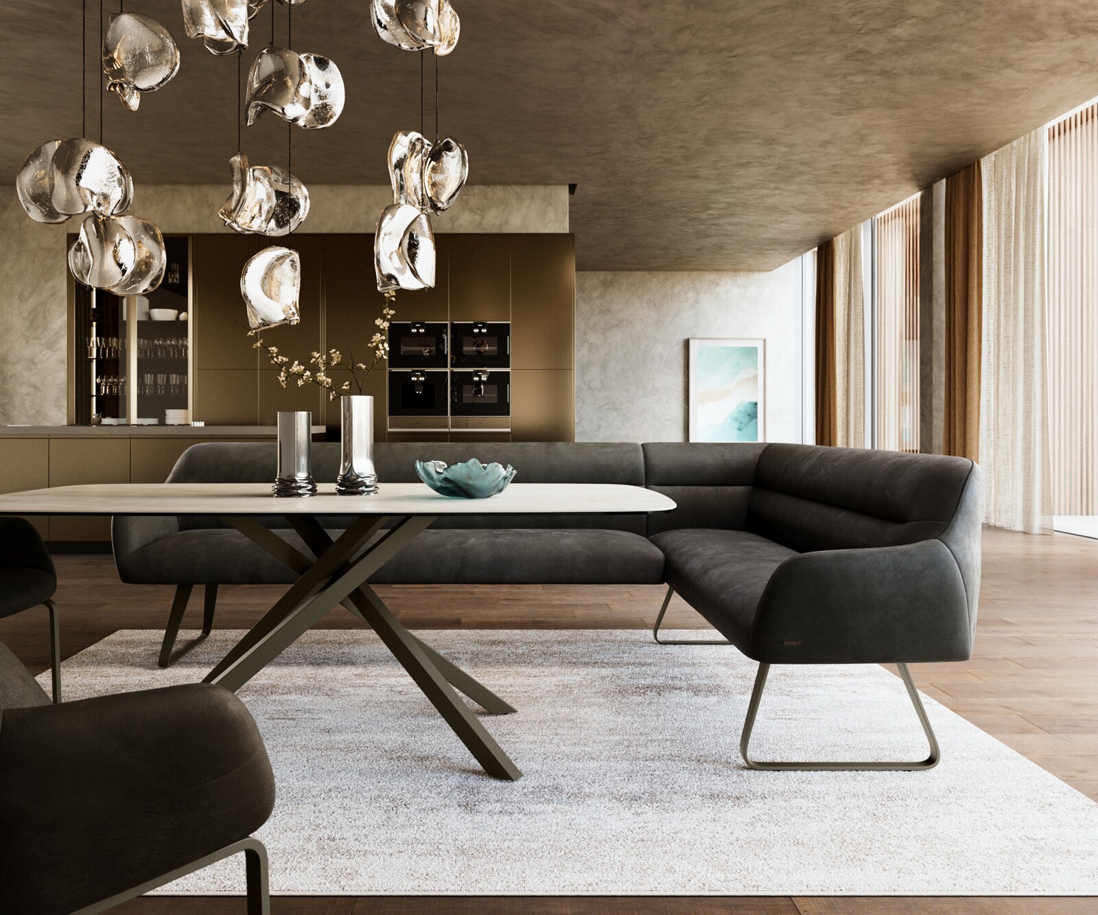 Eetkamerbank Taya-Flex 285x190 cm microvelours anthraciet vintage platte sledebasis afwerking met titaniumeffect pocketvering links 2