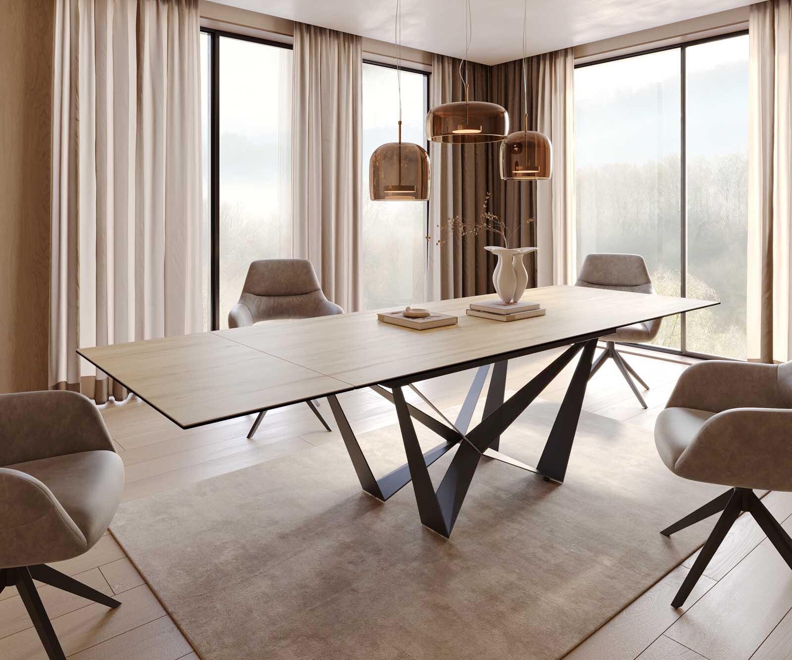 Eetkamertafel Edge 200-300x100 keramiek Laminam® Sabbia eiken kleur spider vlak staal zwart uitschuifbaar 1