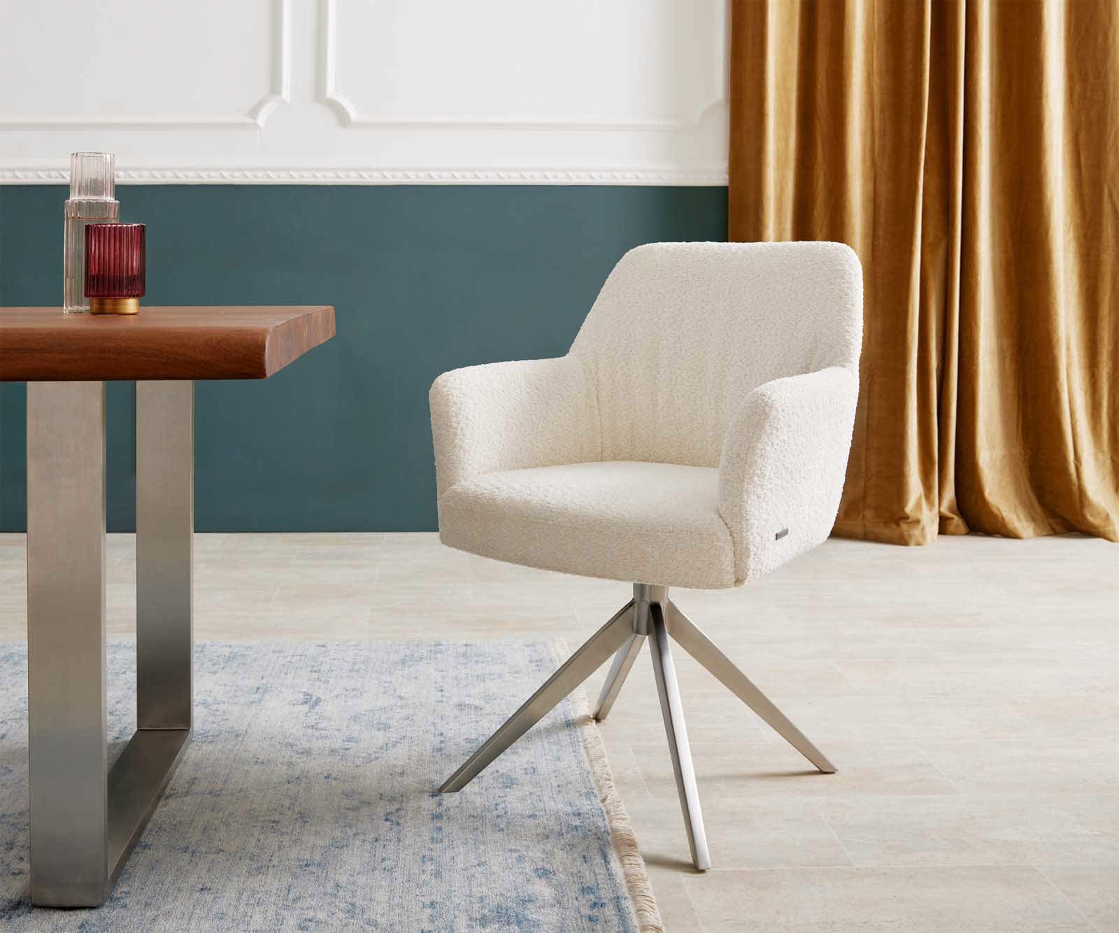 Draaistoel Xana-Flex met armleuning bouclé wit kruisframe breed roestvrij staal 360° draaibaar pocketveer kern Draaistoel Xana-Flex met armleuning bouclé wit kruisframe breed roestvrij staal 360° draaibaar pocketveer kern