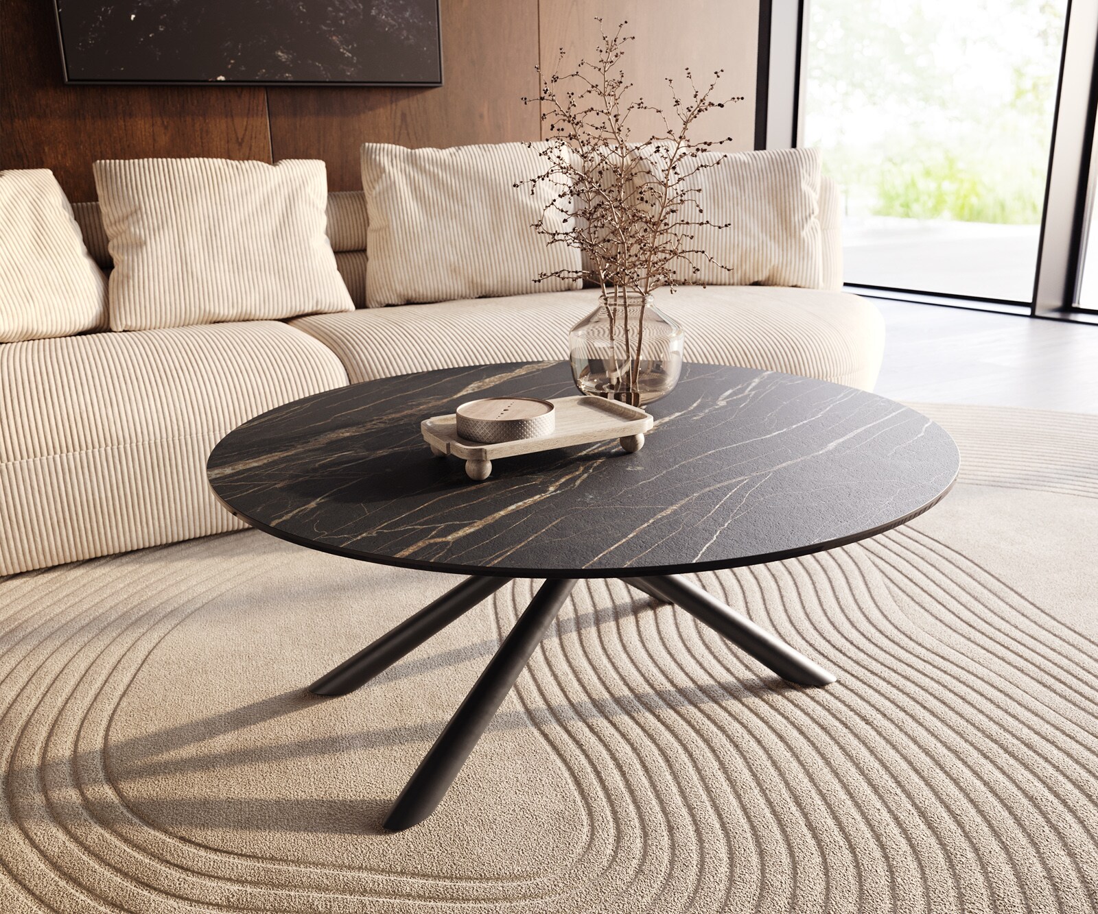 Salontafel Edge rond 100x100 cm keramiek Laminam® Noir Desir bruin Sarity zwart metaal 1