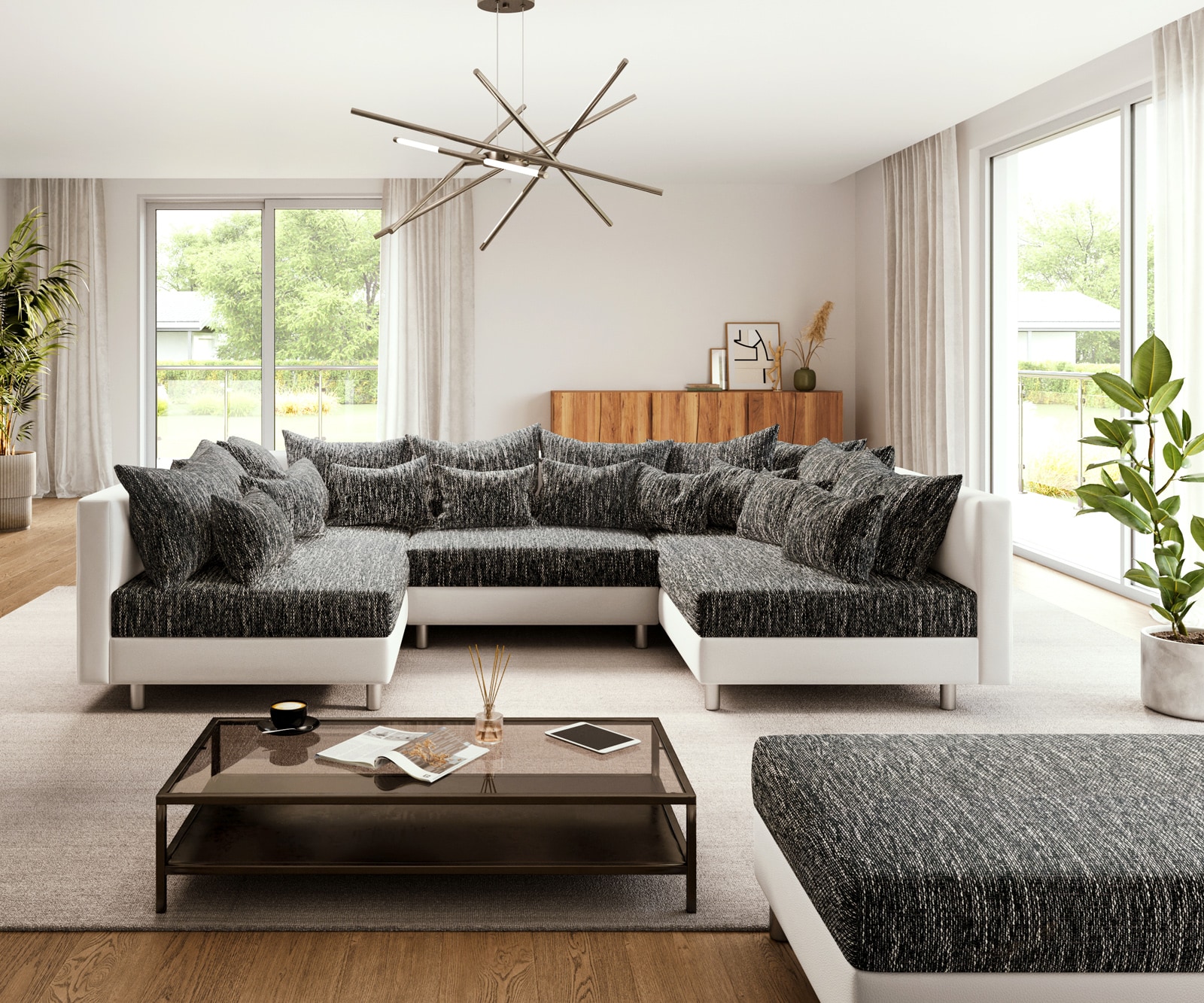 Woonlandschap Clovis zwart en wit modulaire met hocker 1 Woonlandschap Clovis zwart en wit modulaire met hocker 1
