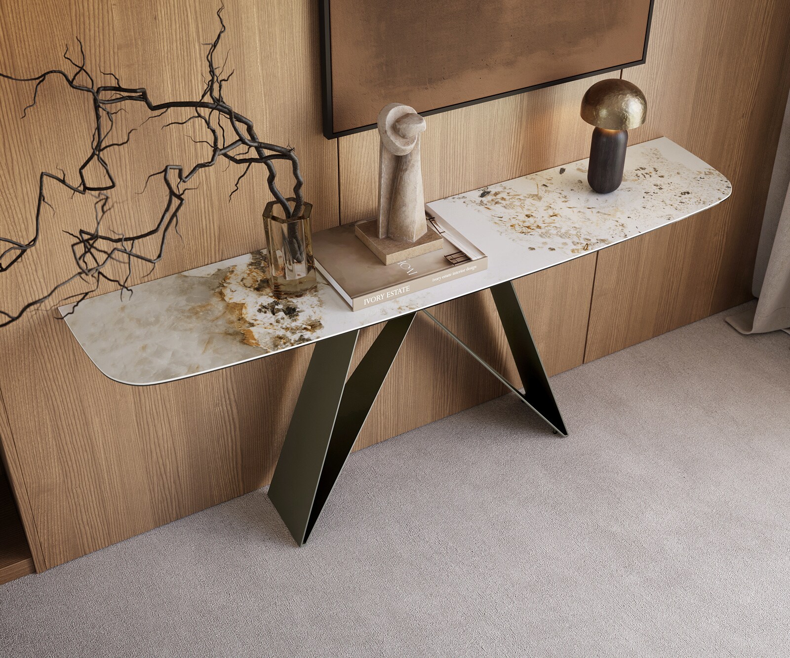 Consoletafel Edge Bootvorm 180x40 cm Keramiek Minas Melange Weiß-Beige Velio Metaal Effektfinish Titan 2