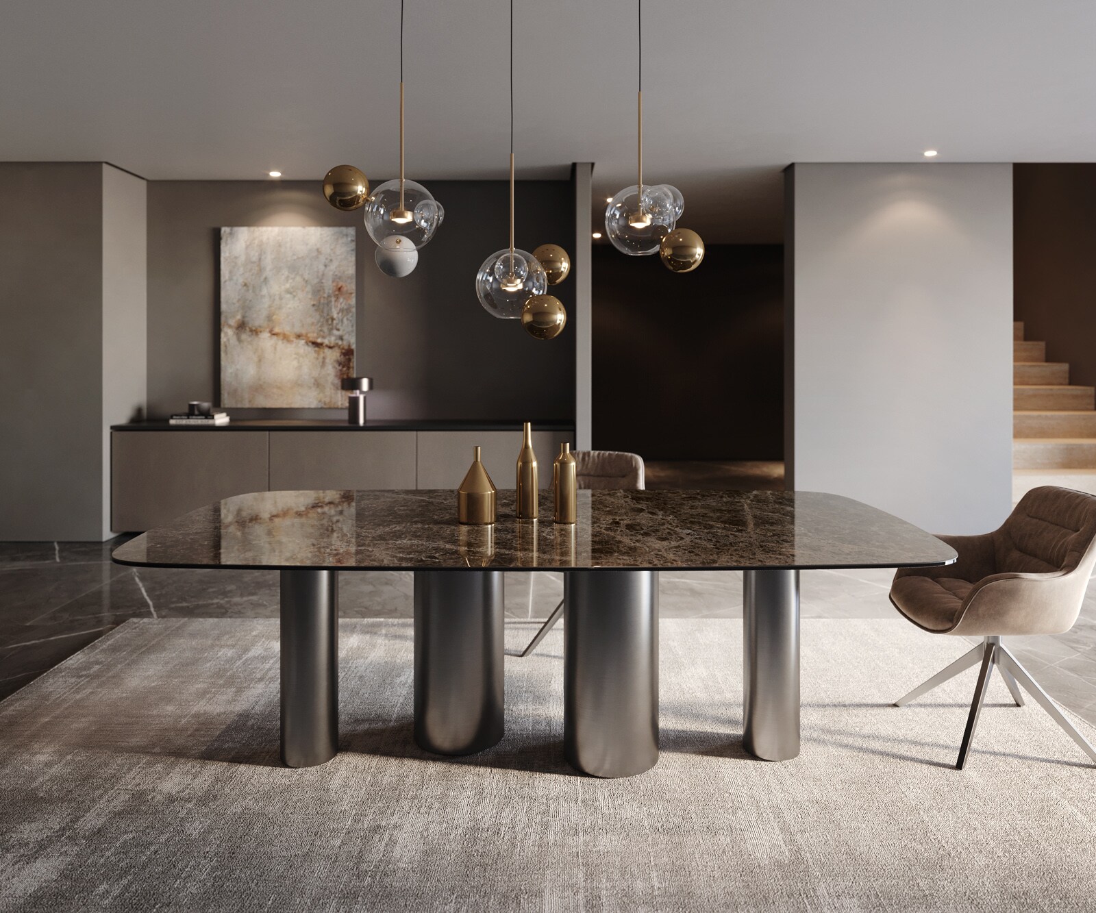 Eettafel Edge Boot Keramiek Emperador Extra Lucidato Donkerbruin 240x120 Pilier Roestvrij staal Grafiet 2