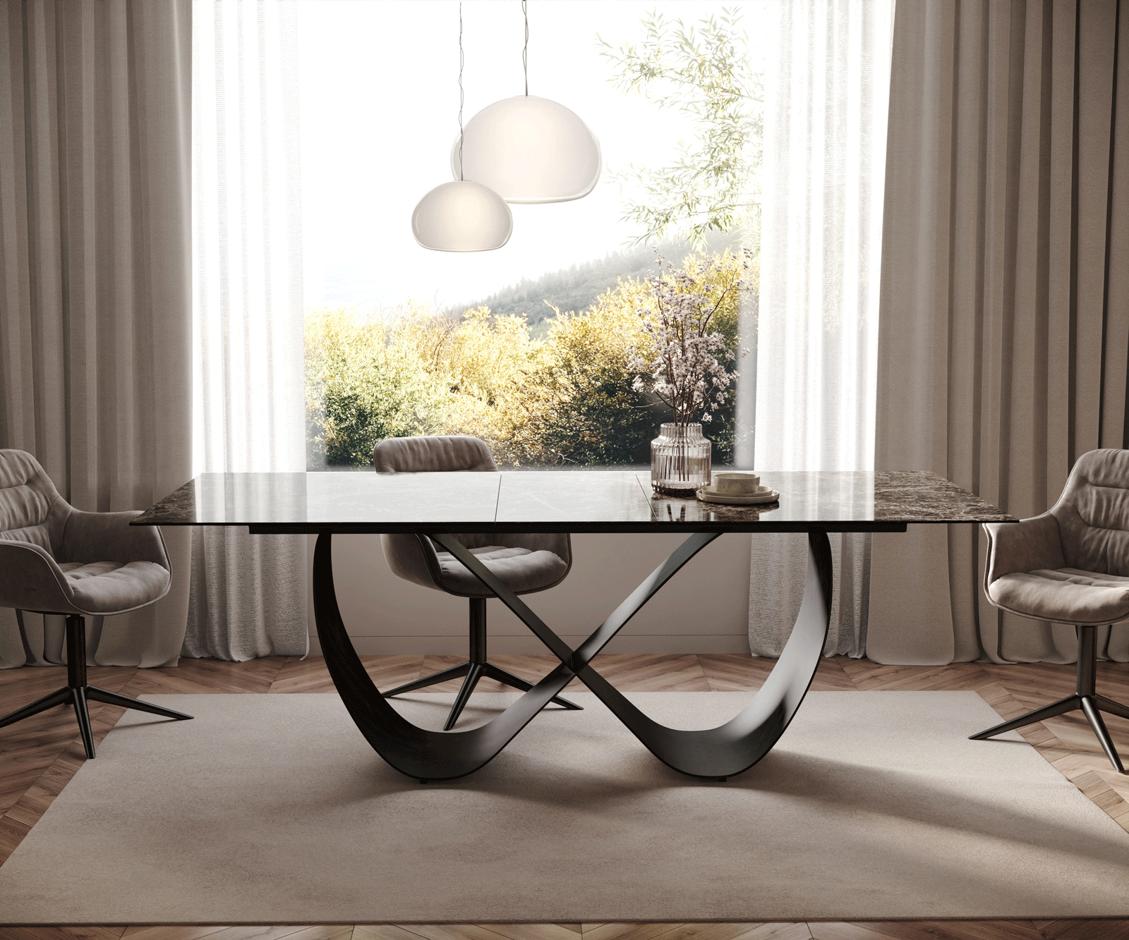 Eettafel Edge 180-220x90 keramiek  Laminam® Emperador Extra Lucidato donkerbruin Infinity metaal zwart uitrekbaar 2