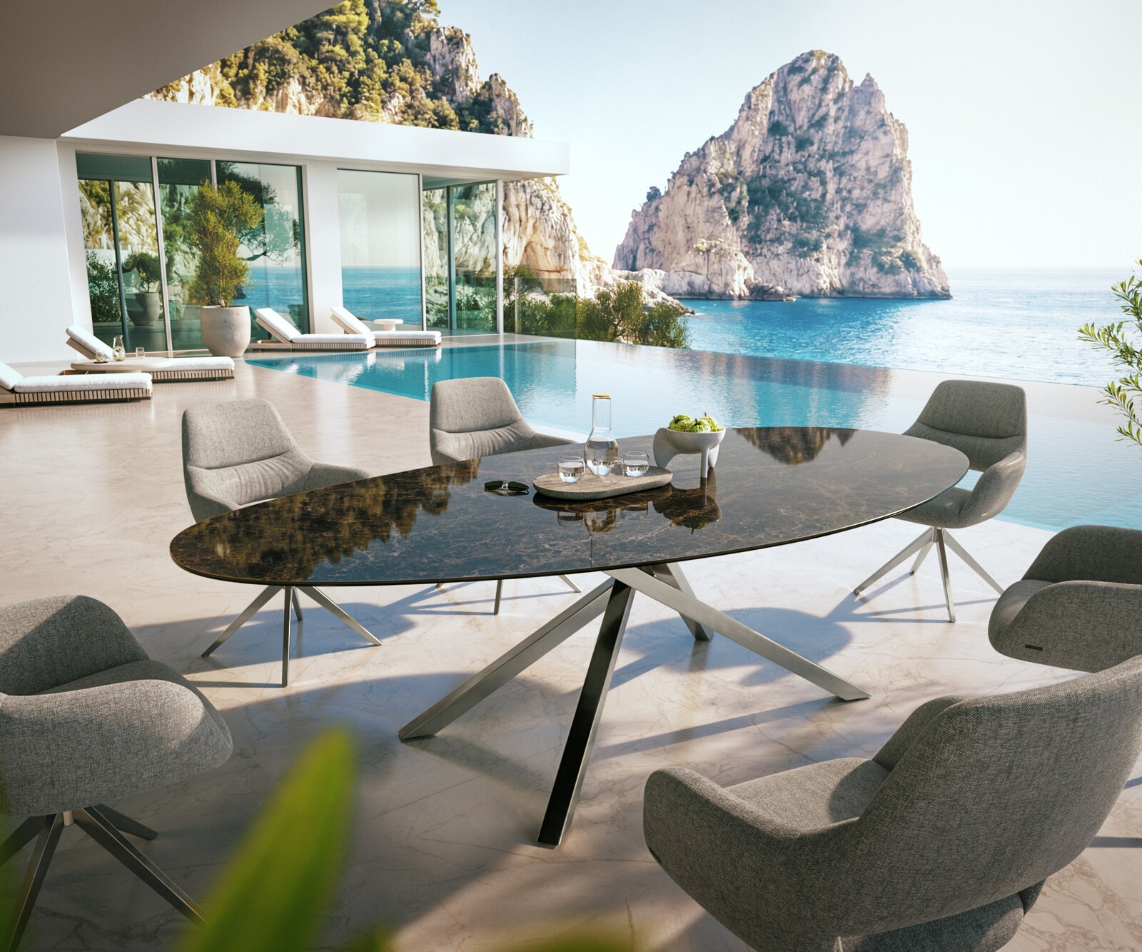 Outdoortafel Edge Ovaal 280x130 cm keramiek Laminam® Emperador Extra Lucidato donkerbruin kruispoot rechthoekig roestvrij staal 4