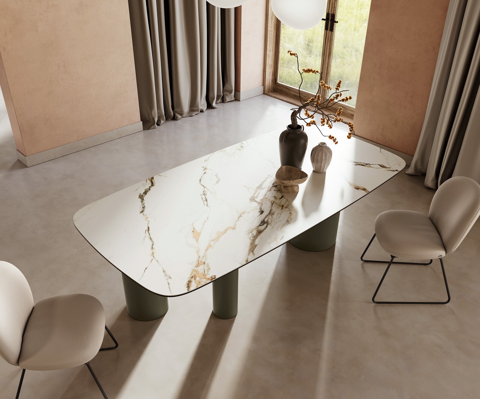 Eettafel Edge boot 240x120cm keramiek Calacatta Luxe wit-goud-grijs Troa metaal effect afwerking titanium 4