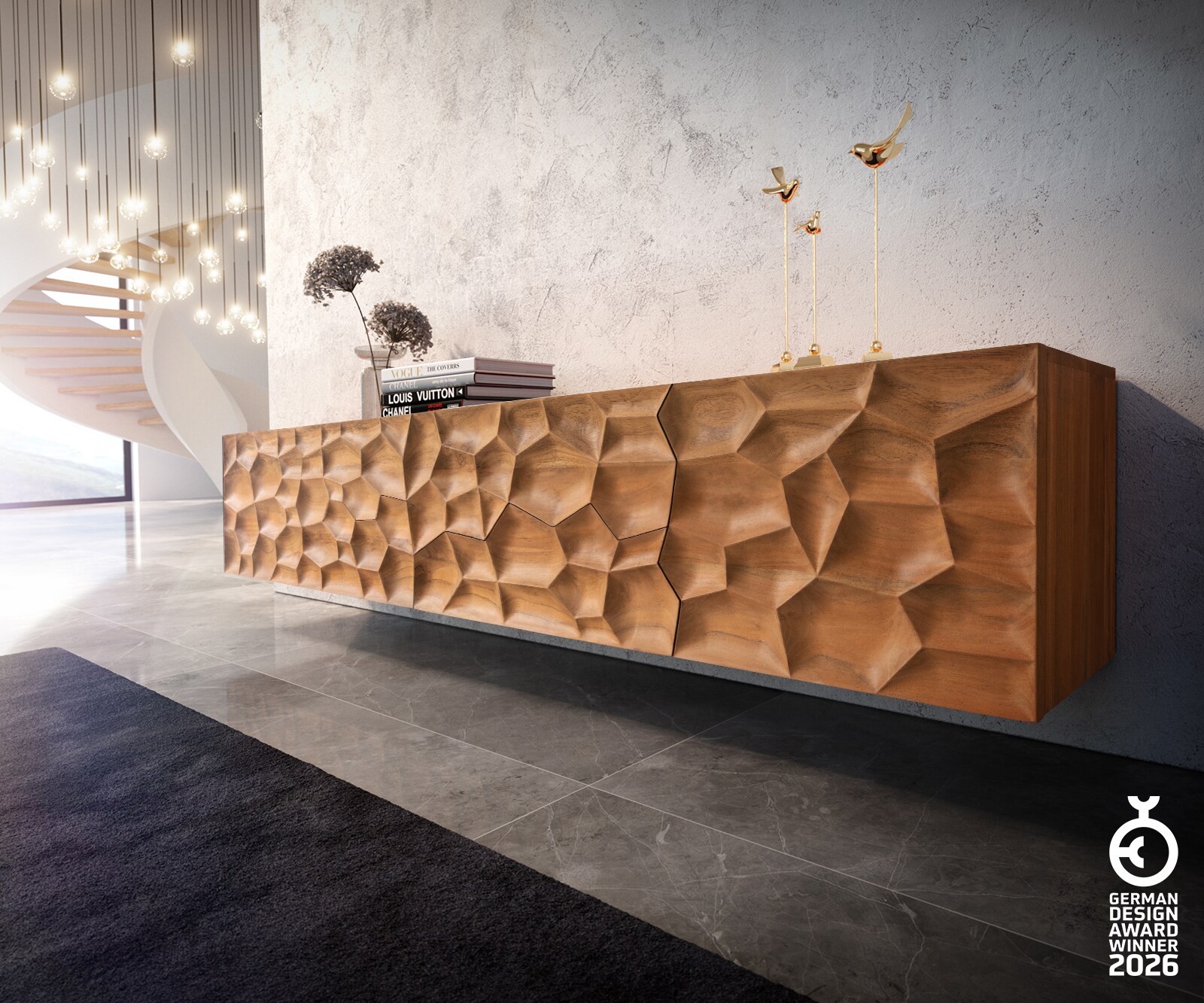 Tv-meubel Solu 220 cm acacia natuur 2 deuren 4 laden zwevend 3D front