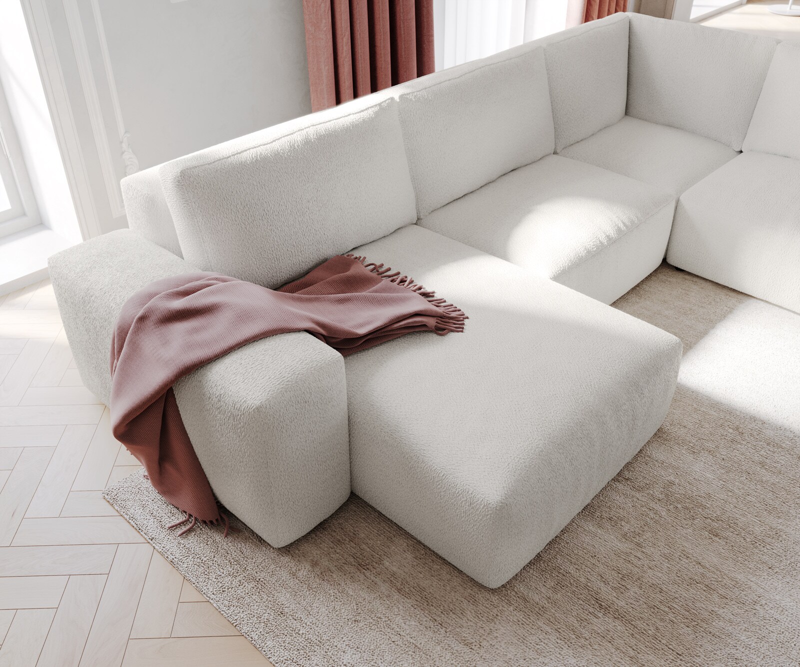 Woonlandschap Lanzo 300x210 cm bouclé crème-wit met variabele recamière en hocker 4