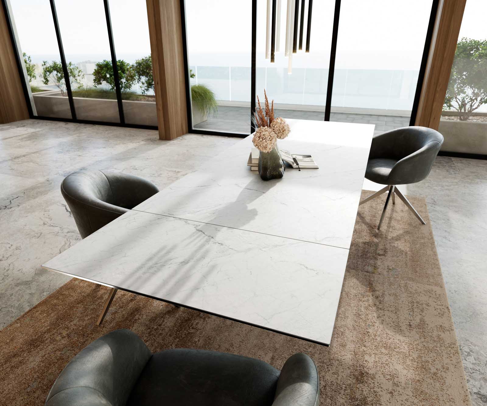 Eetkamertafel Edge 200-300x100 keramiek Laminam®Statuarietto Weiß Wave RVS uitschuifbaar 6