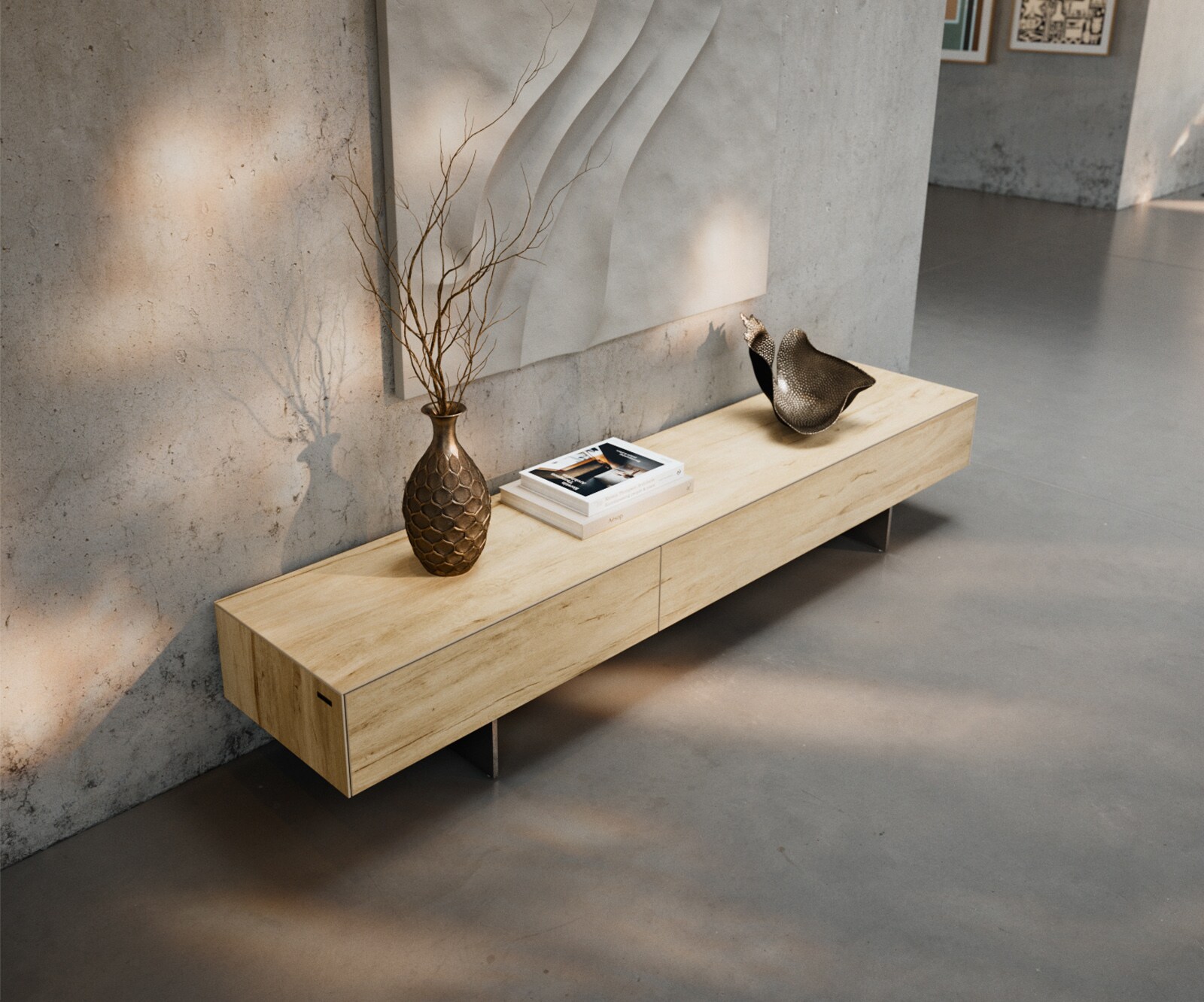 Tv-meubel Cuor 200 cm Keramiek Laminam® Sabbia Eiken gekleurd 1 Flap 1 Lade Zwevende voet look Roestvrij staal 3