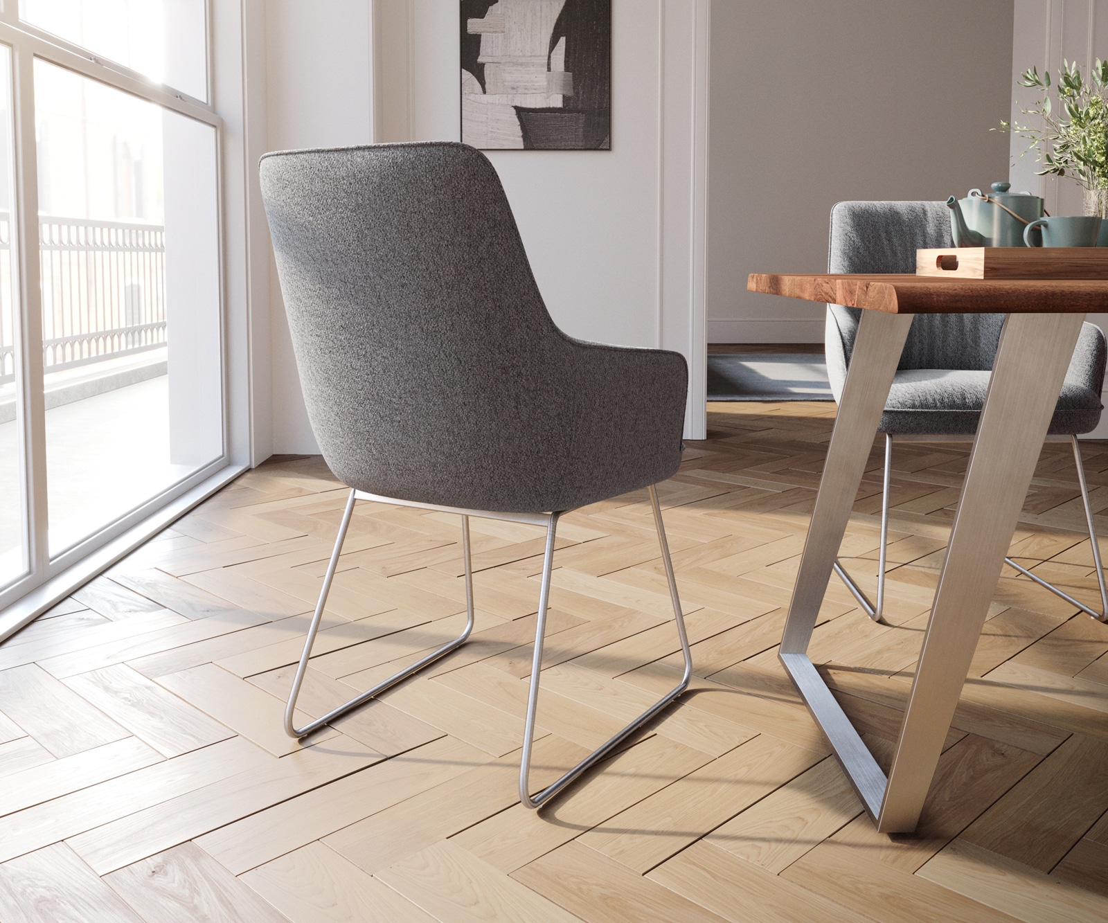 Eetkamerstoel Zelia-Flex met armleuning structuurstof lichtgrijs slipframe roestvrij staal pocketveer kern 4 Eetkamerstoel Zelia-Flex met armleuning structuurstof lichtgrijs slipframe roestvrij staal pocketveer kern 4