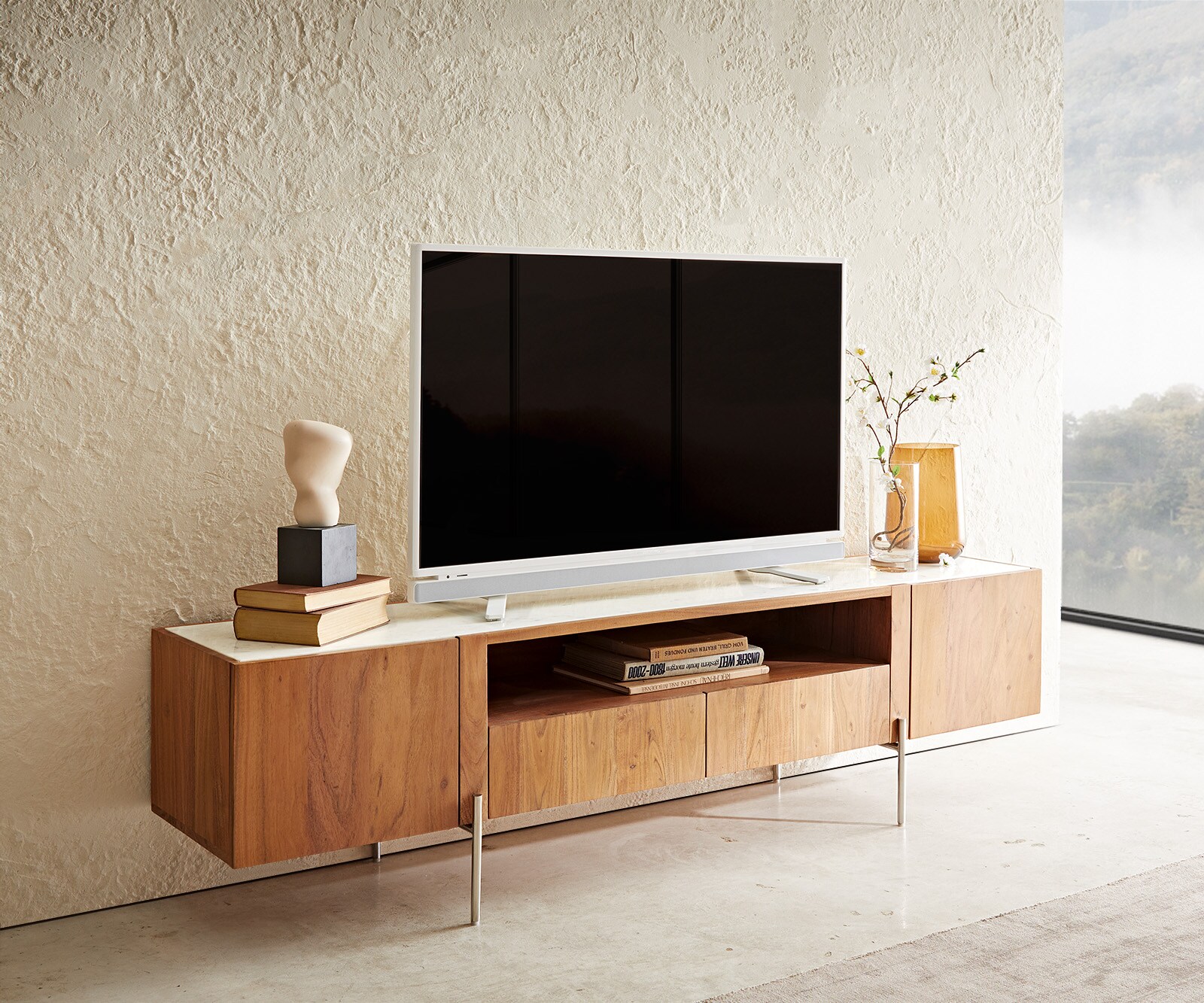 Tv-meubel Secara acacia marmeren blad witte 3