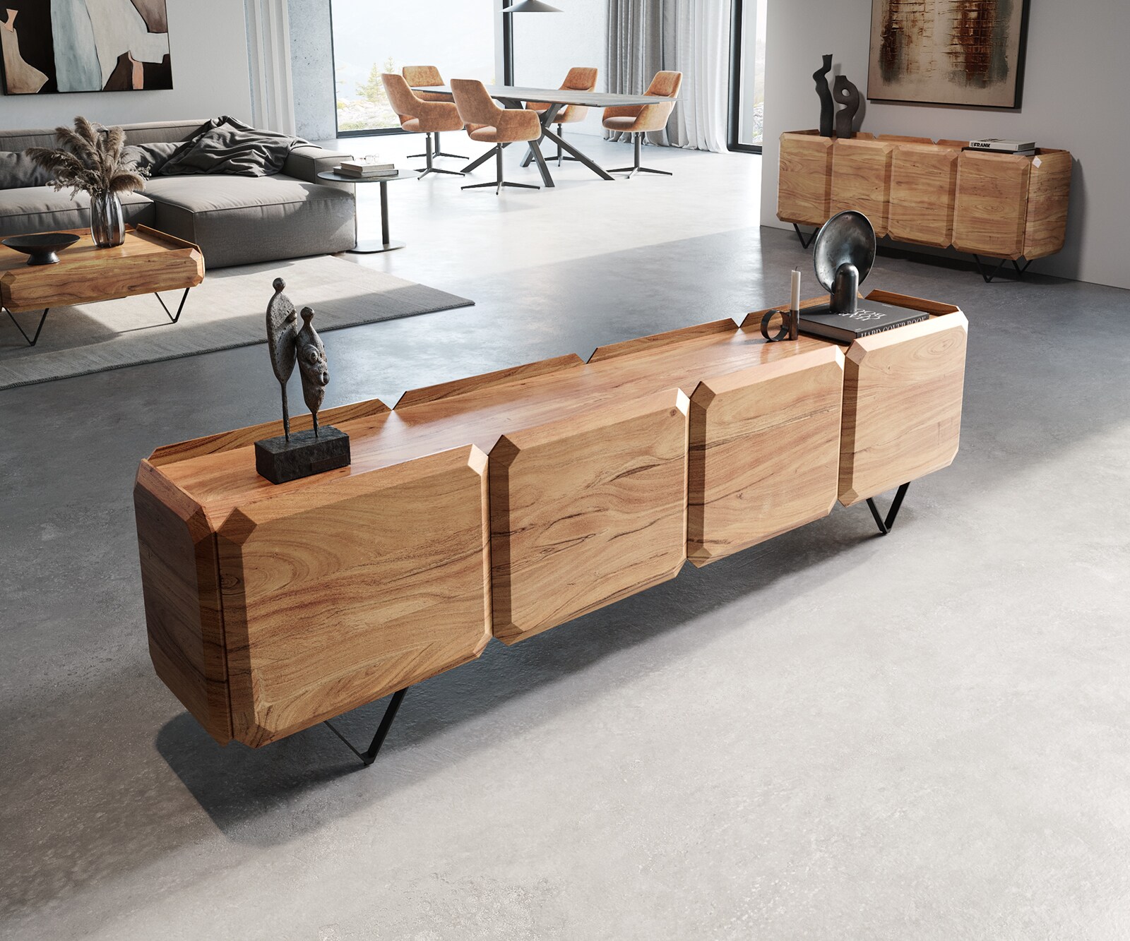 Lowboard Kiano 220 cm Acacia Natuur 4 Deuren V-voet Zwart Roomdivider Lowboard Kiano 220 cm Acacia Natuur 4 Deuren V-voet Zwart Roomdivider