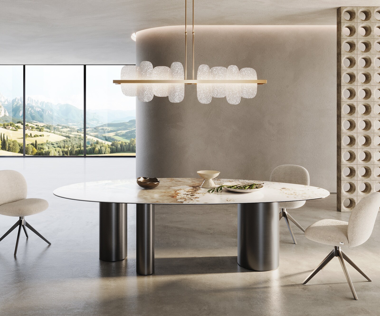 Eetkamertafel Edge ovaal 280x130 keramiek Minas Melange wit-Beige Troa roestvrij staal grafiet 1