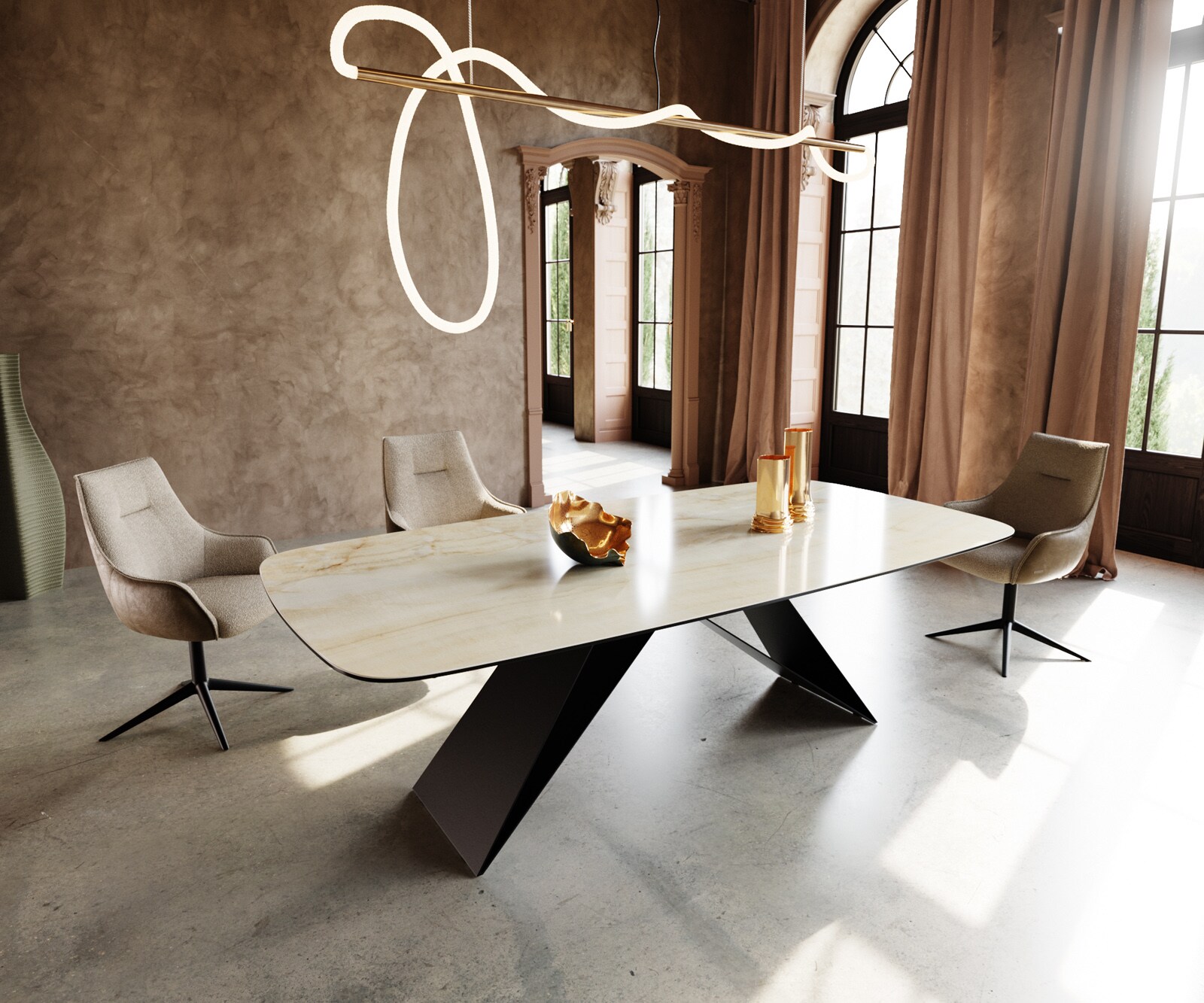 Eettafel Edge Oval 240x120 keramiek Iris FMG Onice Oro V-frame plat staal zwart