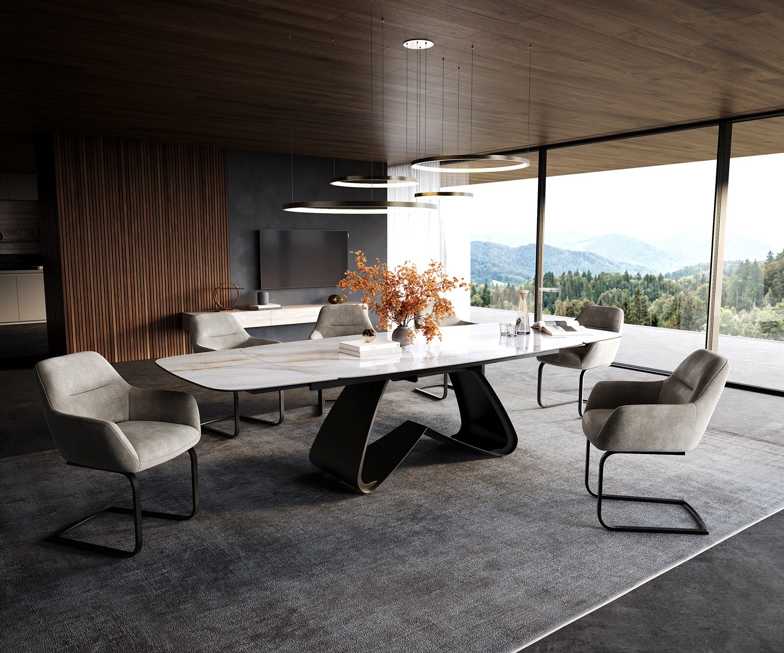 Eettafel Edge Boot 200-300x120 cm Keramiek Onyx Pearl W-onderstel Metaal Zwart uitschuifbaar 7