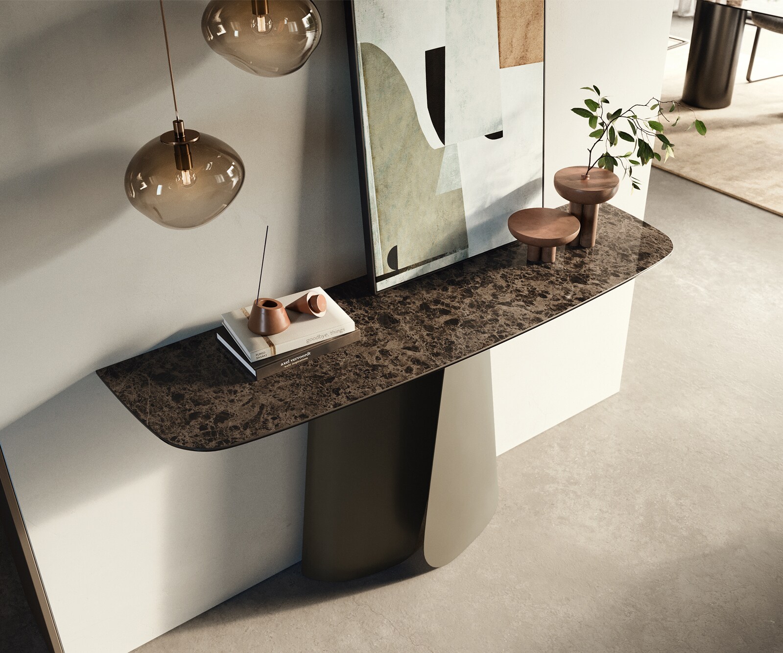 Consoletafel Edge Bootvorm 140x40 cm Keramiek Emperador Extra Lucidato Dunkelbraun Livos Metaal Effektfinish Titan 1