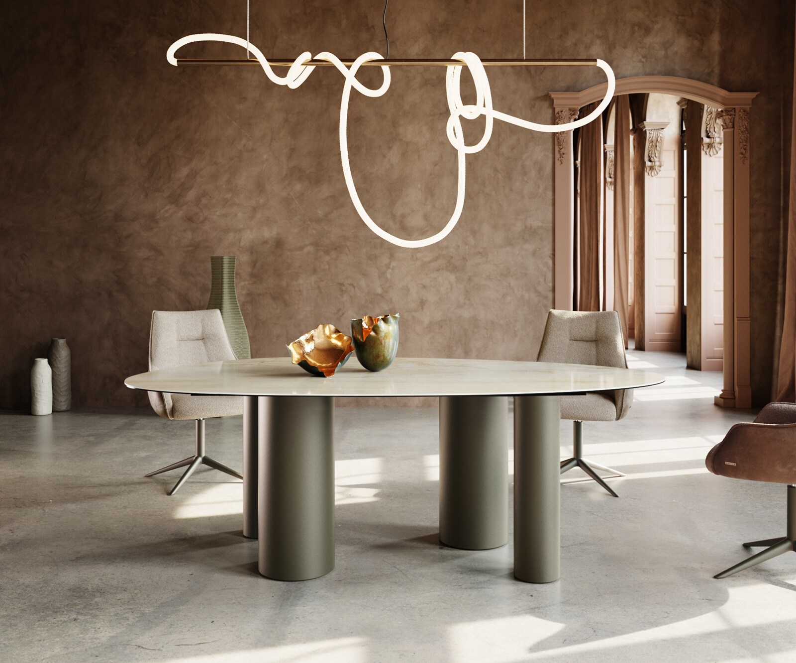 Eetkamertafel Edge ovaal 220x120 keramiek Iris FMG Onice Oro Pilier metaal effectafwerking titaan 1