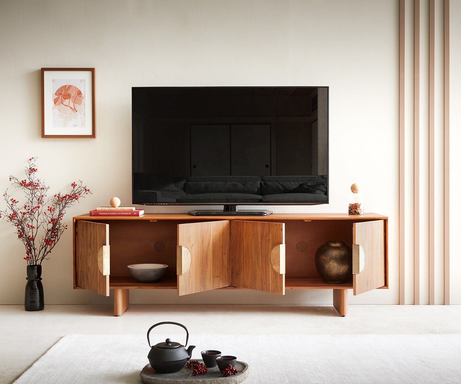 Tv-meubel Surimu 175 cm acacia lichtbruin 4 deuren kurkgreep houten poten 4