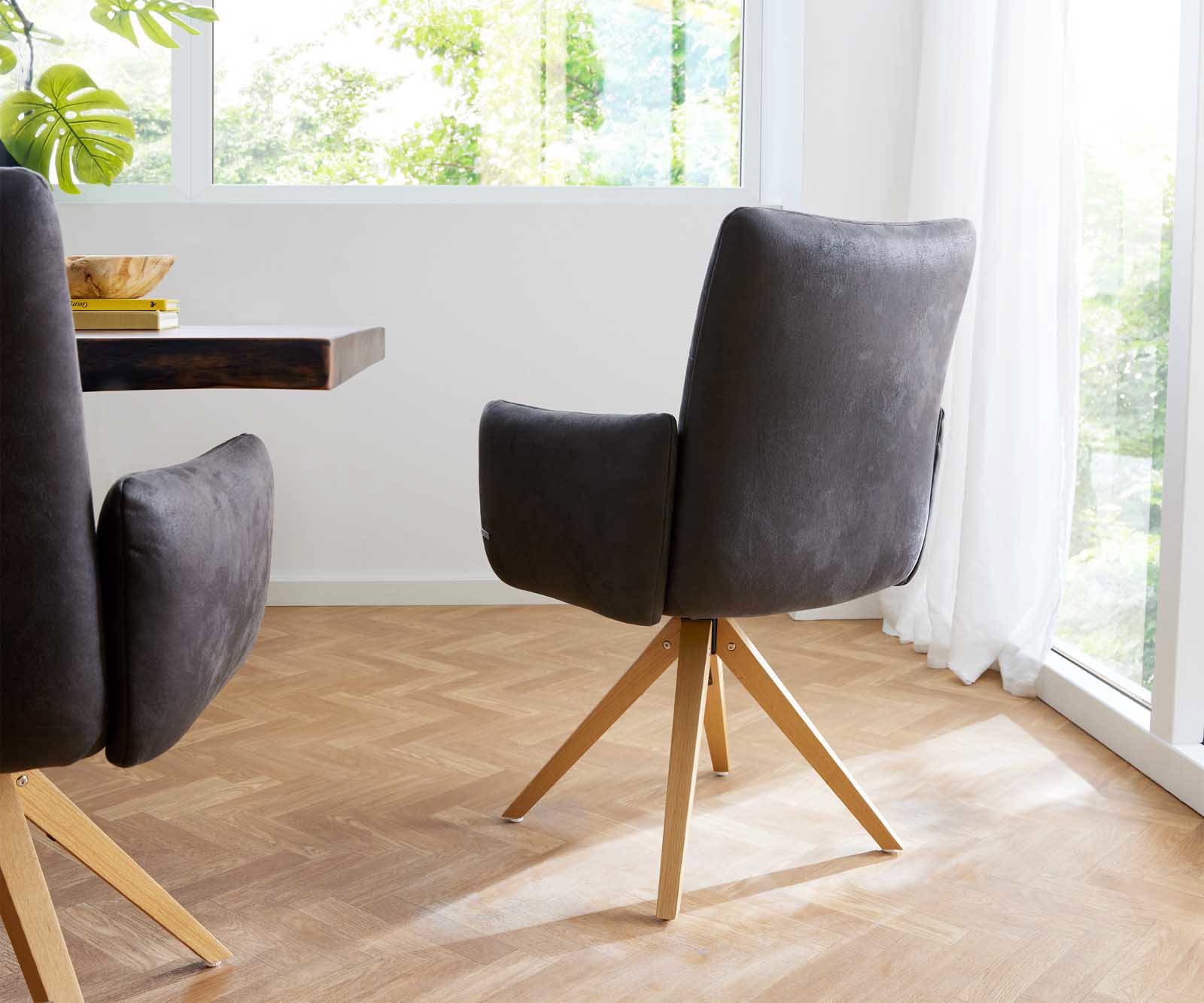 Draaistoel Jova-Flex met armleuning microvelours antraciet vintage houten frame hoekig natuur 180° draaibaar pocketveer kern 4 Draaistoel Jova-Flex met armleuning microvelours antraciet vintage houten frame hoekig natuur 180° draaibaar pocketveer kern 4