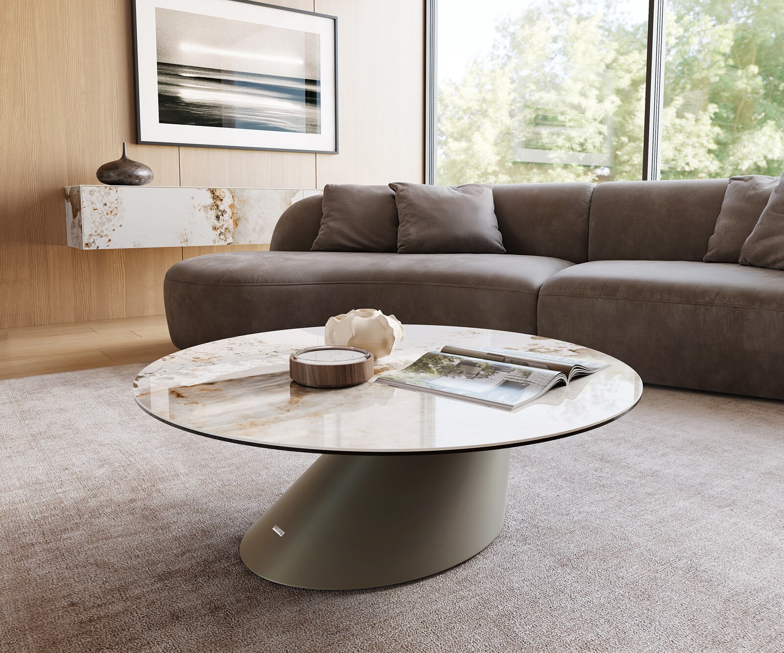 Salontafel Edge rond 100x100 cm keramiek Minas Melange Conis Metall effectafwerking titaan 1