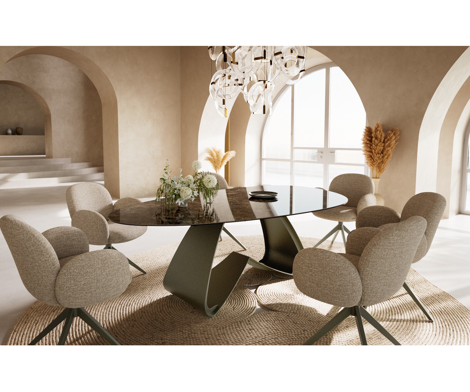 Eettafel Edge Oval 220x120 keramiek  Laminam® Emperador Extra Lucidato donkerbruin W-frame metaal effectafwerking Titan 5