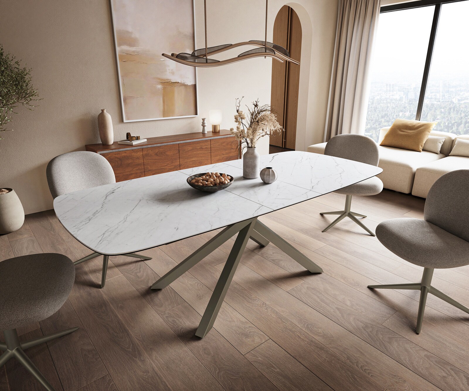 Eettafel Edge Boot 180-220x100 cm Keramiek Laminam® Statuarietto Wit kruisonderstel Rechthoek Effectafwerking Titan uitschuifbaar 1