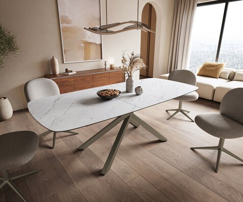 Eettafel Edge Boot 180-220x100 cm Keramiek Laminam® Statuarietto Wit kruisonderstel Rechthoek Effectafwerking Titan uitschuifbaar