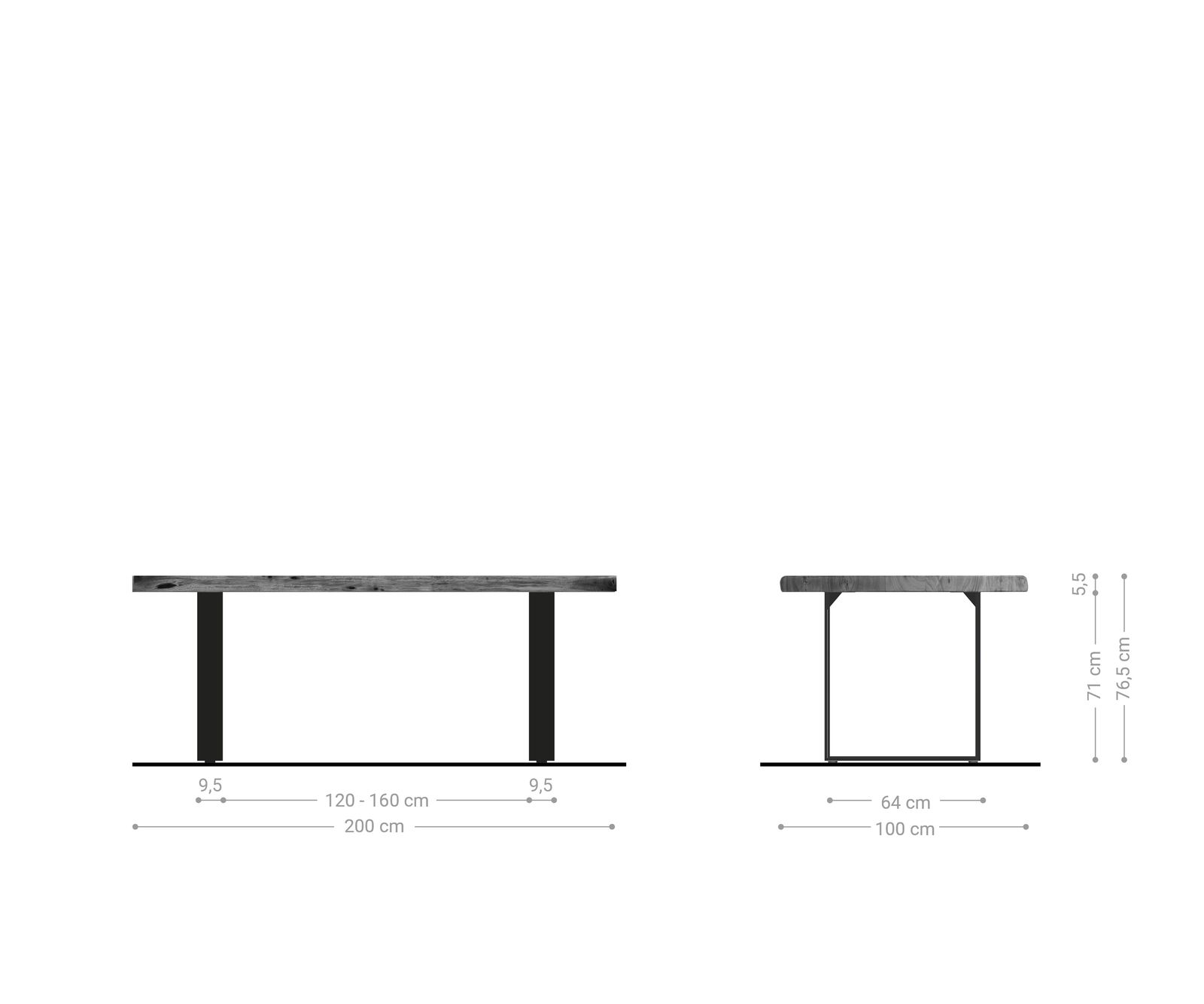 Eettafel Edge 200x100 XL acacia bruin roestvrijstaal smal Live-Edge 5
