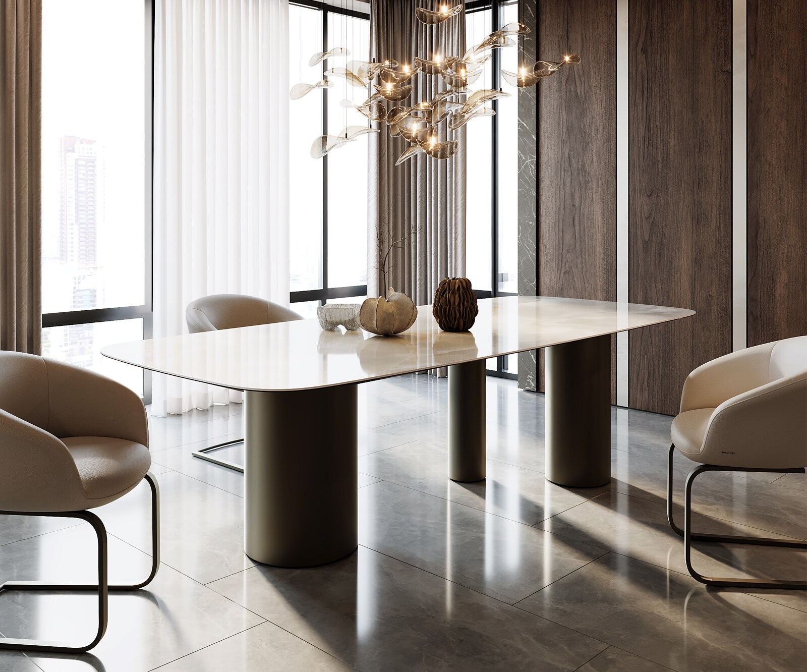 Eetkamertafel Edge Boot 270x120 keramiek Iris FMG Onice Grigio Troa metaal effectafwerking titaan