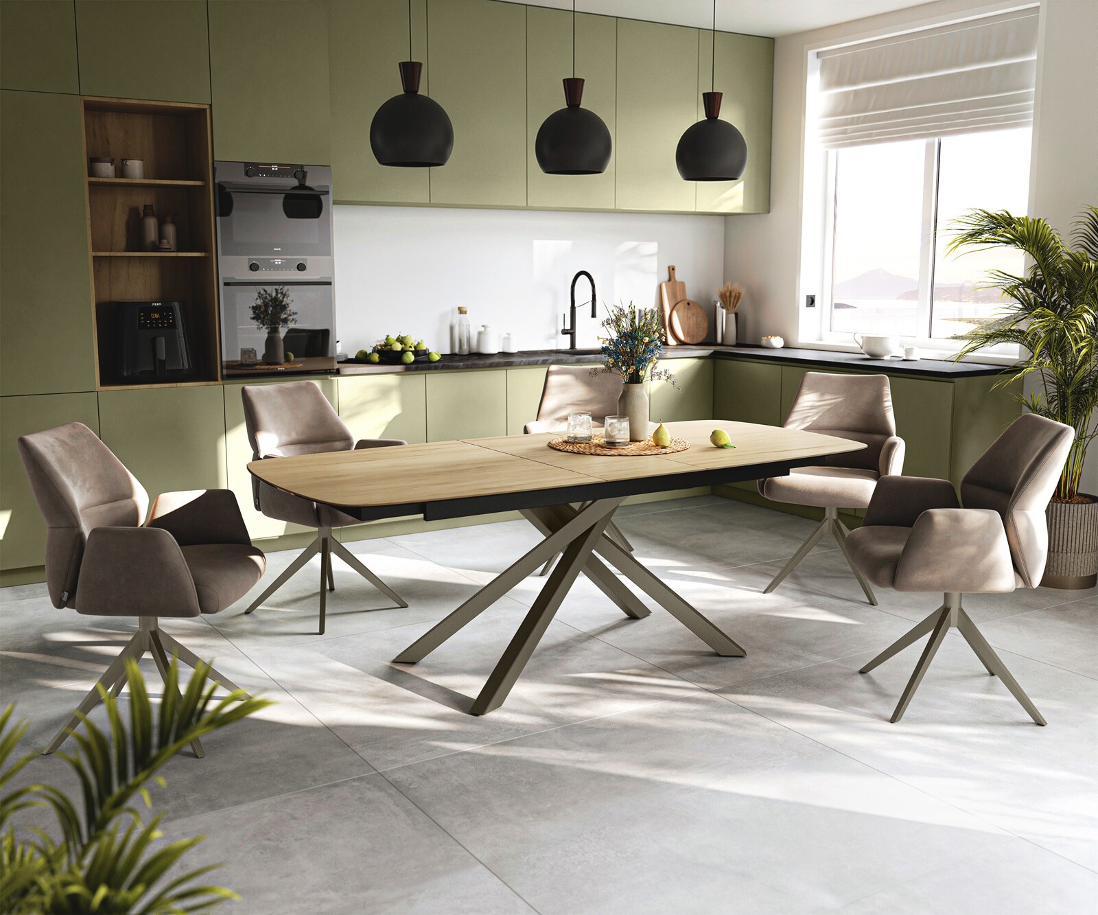 Eettafel Edge Boot 180-220x100 cm Keramiek Laminam® Sabbia Eichefarbig kruisonderstel Rechthoek Effectafwerking Titan uitschuifbaar 6