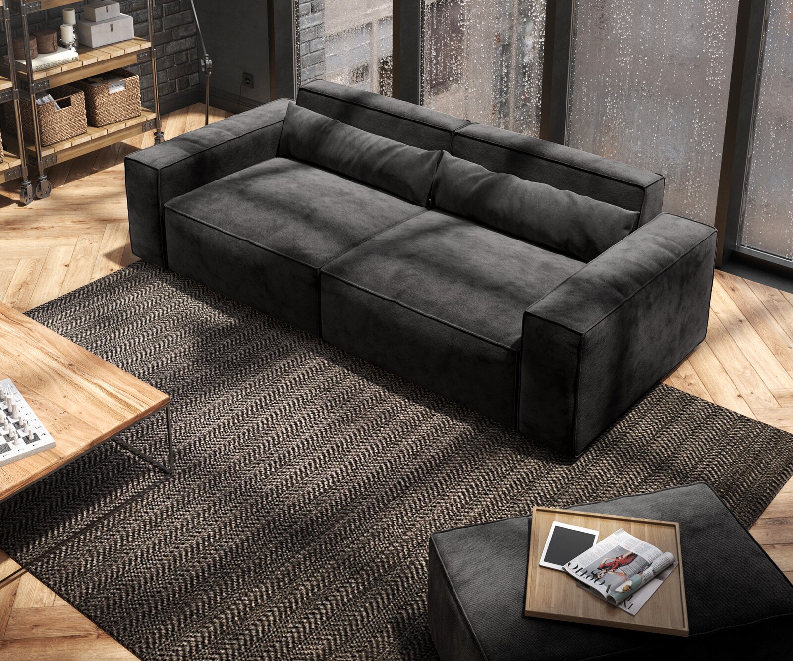 Grote bank Sirpio 230x95 cm microvezel zwart met kruk 3