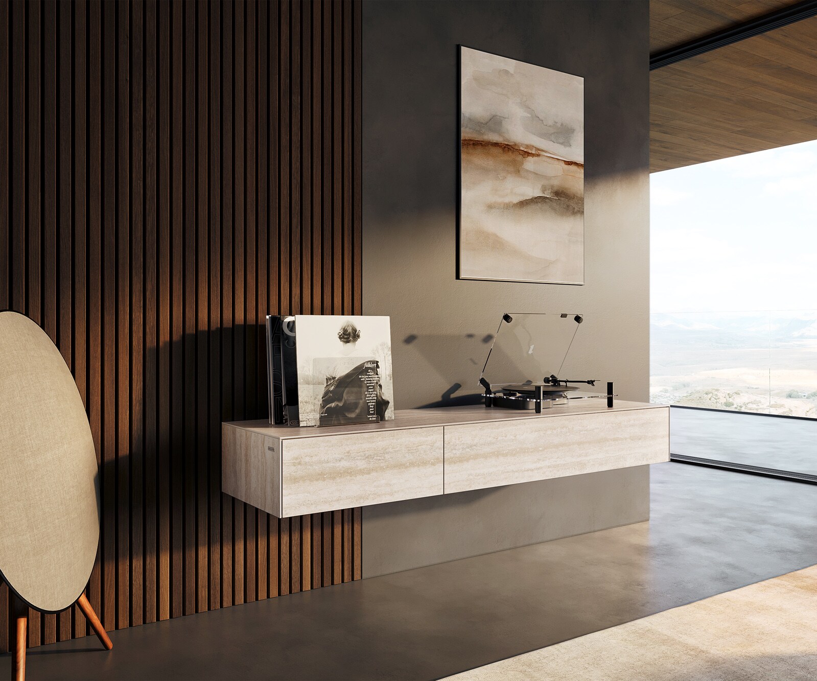 Tv-meubel Cuor 150 cm Keramiek Laminam® Travertino Bianco Crème-wit 1 Flap 1 Lade Zwevend