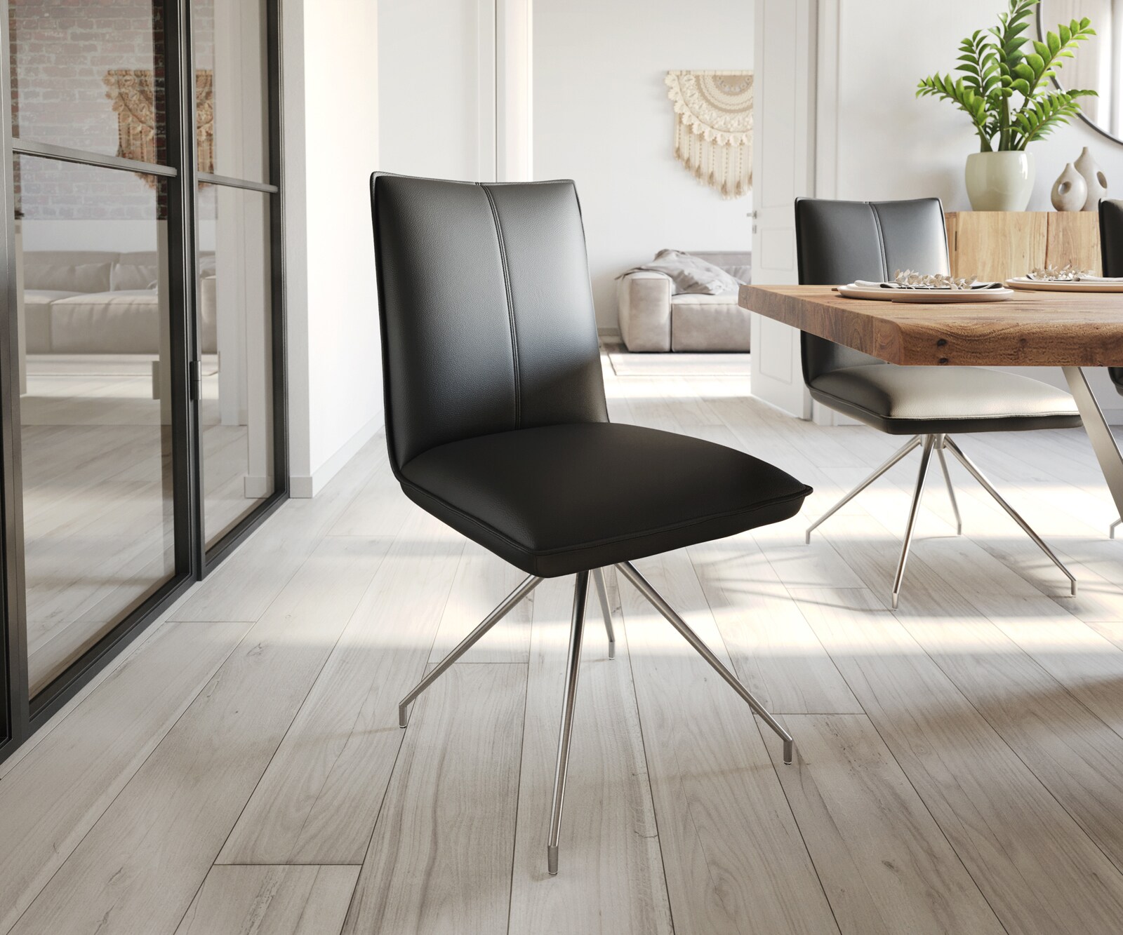 Eetkamerstoel Lelio-Flex echt leer zwart kruisframe conisch roestvrij staal pocketveer kern Eetkamerstoel Lelio-Flex echt leer zwart kruisframe conisch roestvrij staal pocketveer kern