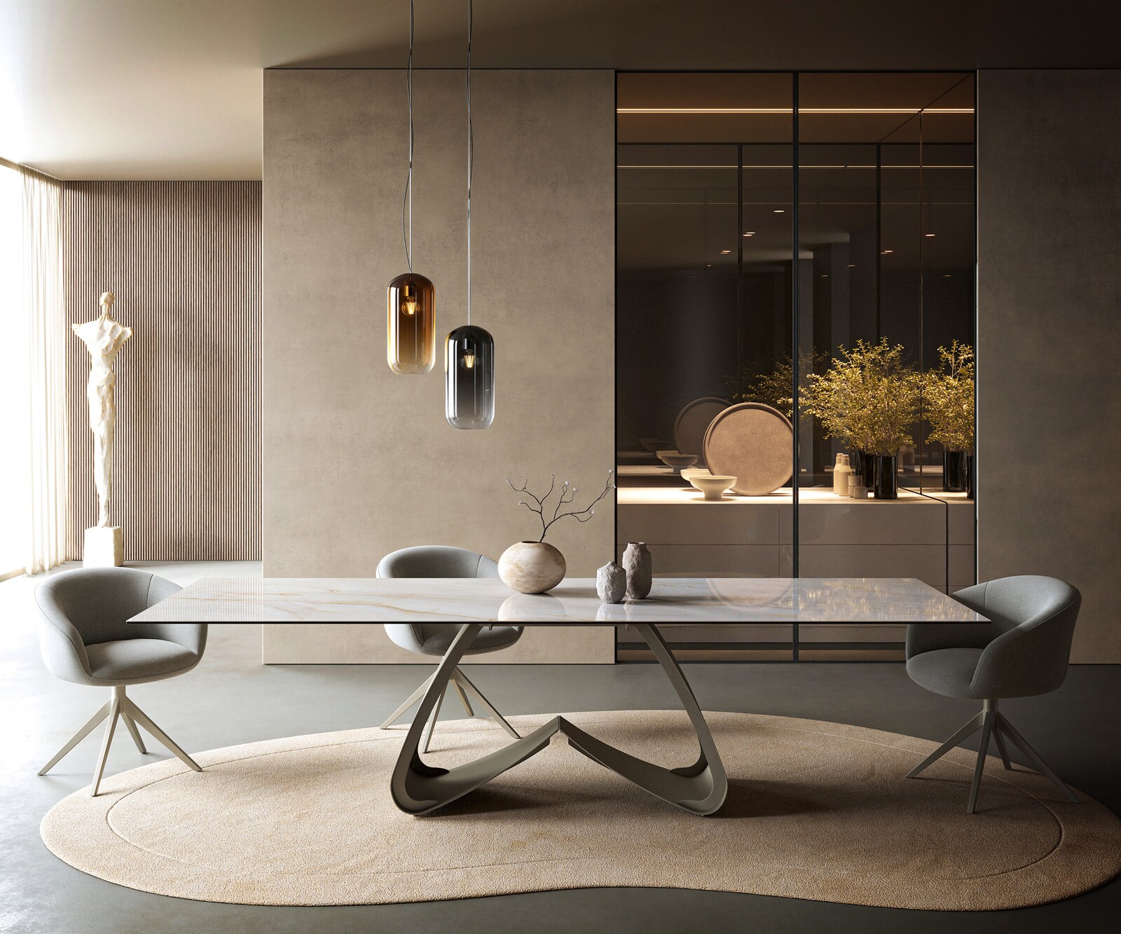 Eettafel Edge 300x100 cm keramiek Onyx Pearl W-onderstel metaal effectfinish titan 1