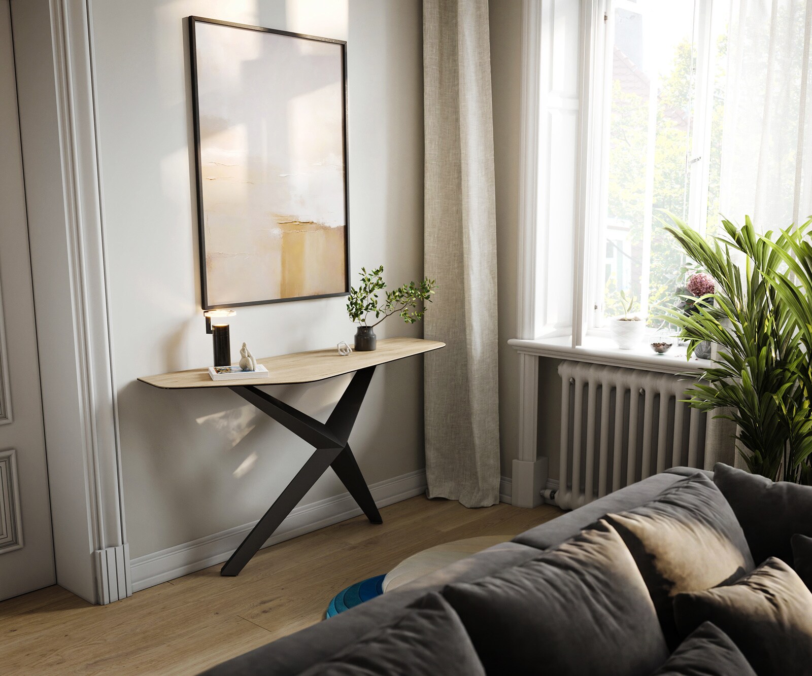 Consoletafel Edge Polygonaal 140x50 cm Keramiek Laminam® Sabbia Eichefarbig Zentharo Metaal Zwart 7