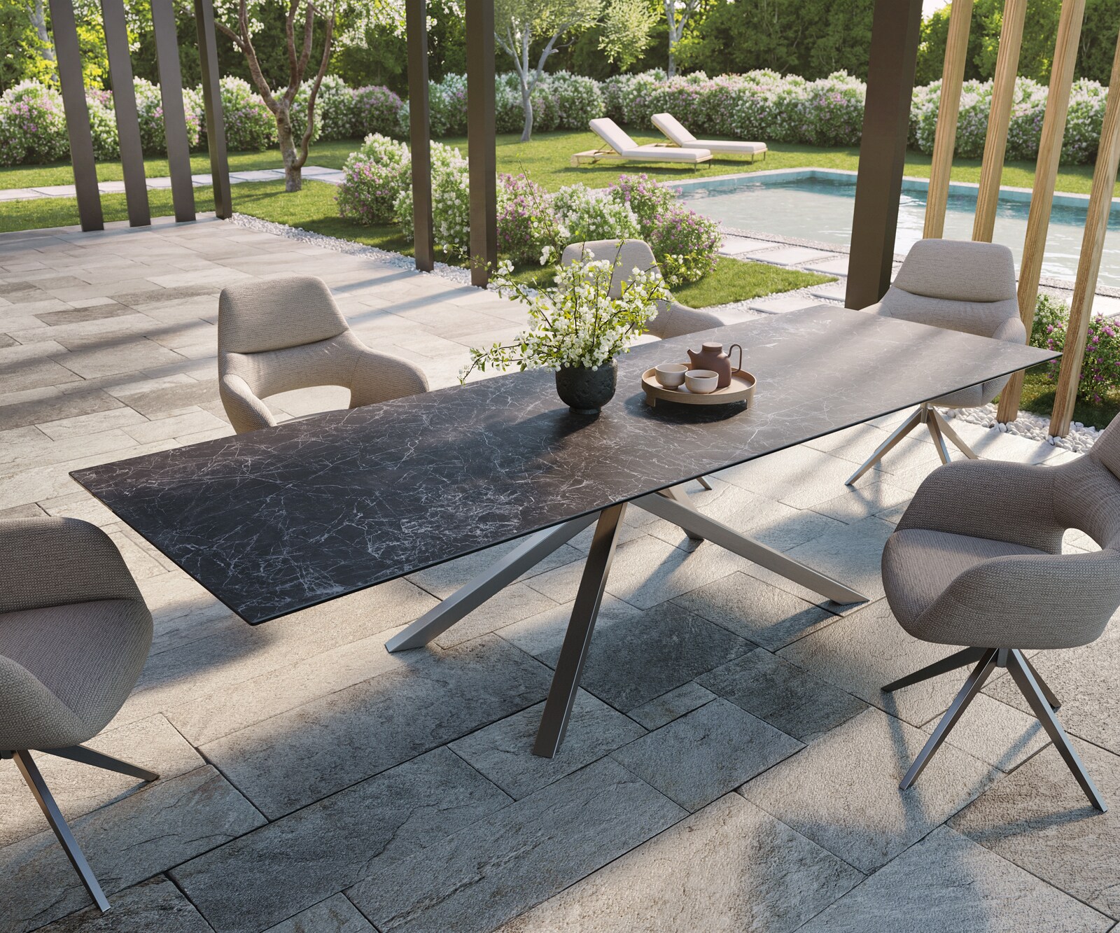 Outdoortafel Edge 300x100 cm keramiek Laminam® Nero Greco antraciet kruispoot rechthoekig roestvrij staal