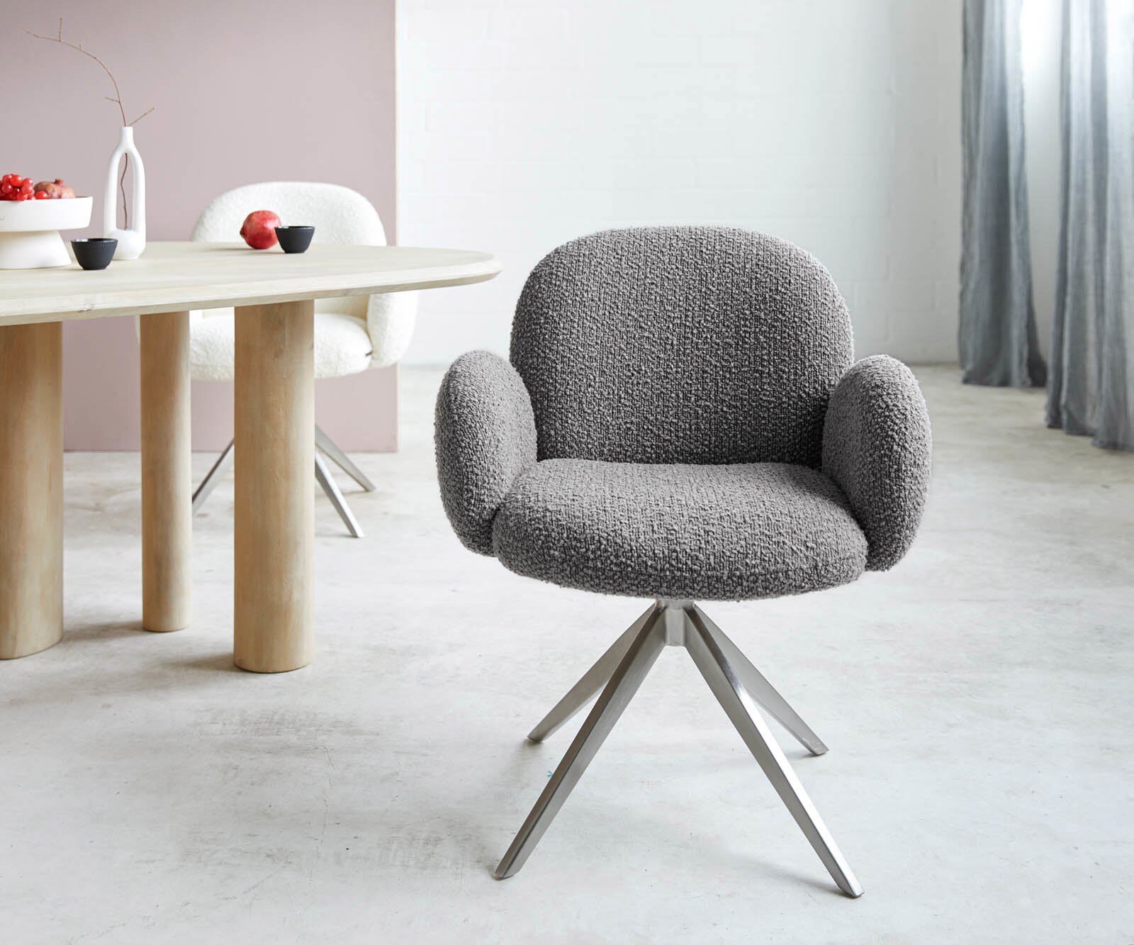 Draaistoel Nube-Flex met armleuning bouclé zilver grijs kruisframe breed roestvrij staal 360° draaibaar pocketveer kern 1 Draaistoel Nube-Flex met armleuning bouclé zilver grijs kruisframe breed roestvrij staal 360° draaibaar pocketveer kern 1