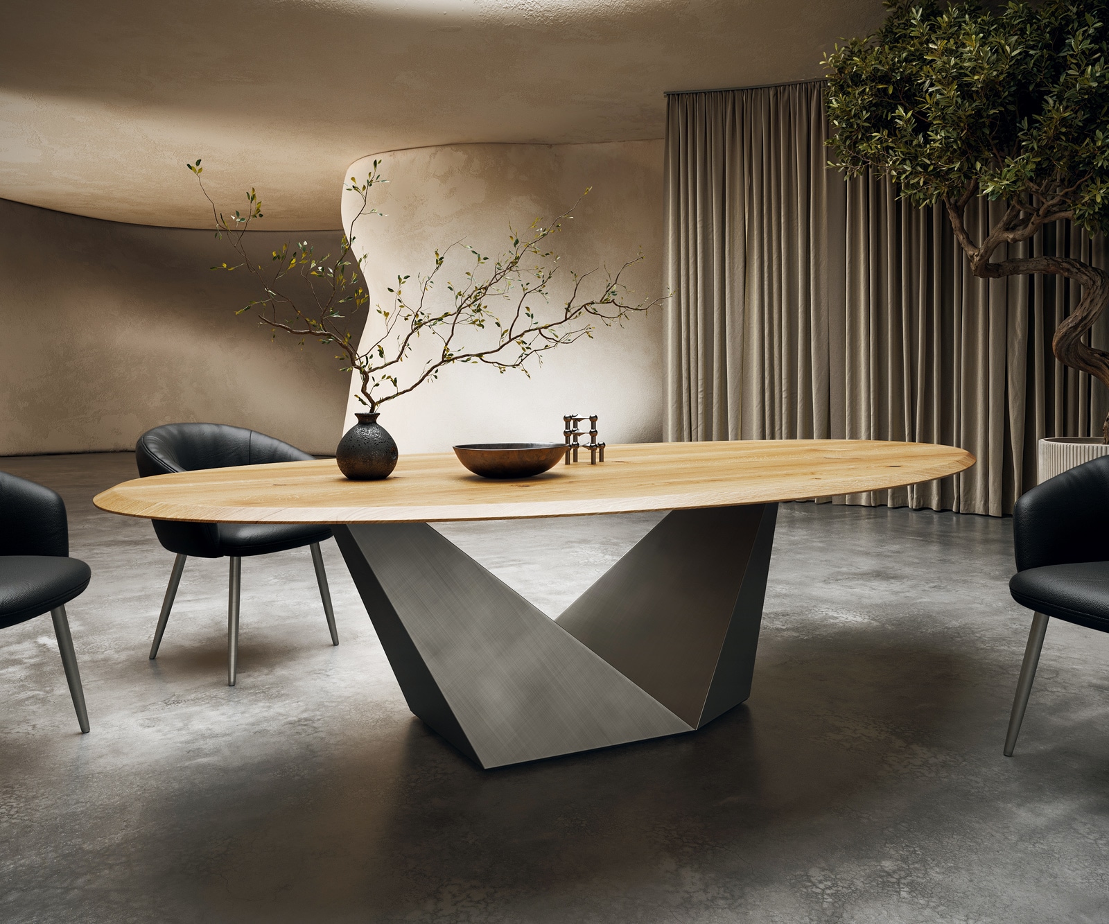 Eettafel Edge Oval 280x130x2,5 eiken natuur Prisma metaal zilver Flow-Edge Eettafel Edge Oval 280x130x2,5 eiken natuur Prisma metaal zilver Flow-Edge