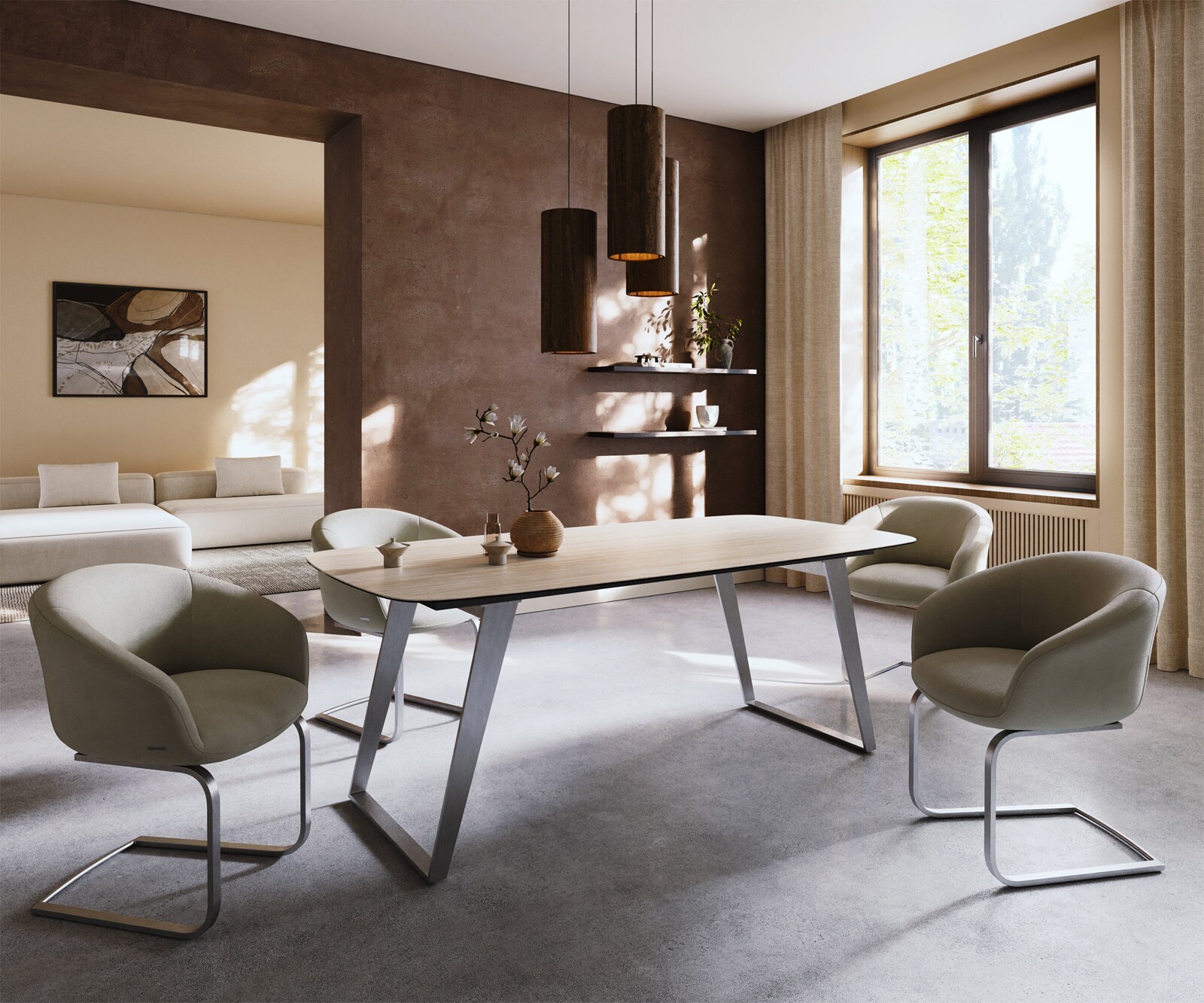 Eettafel Edge Boot 200x100 keramiek  Laminam® Travertino Bianco Creme-wit RVS Schräg 7