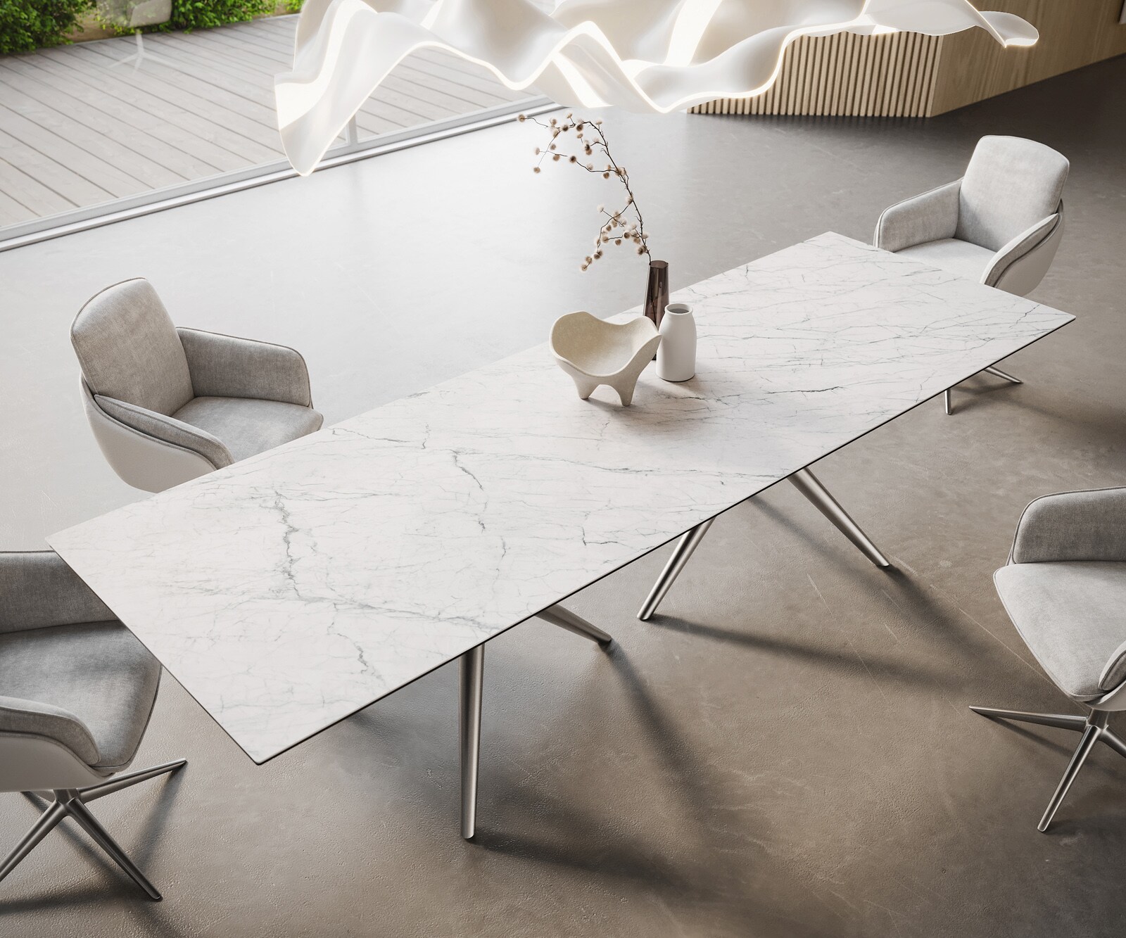 Eetkamertafel Edge 300x100 keramiek Laminam®Statuarietto wit Estelar rond  roestvrij staal 1