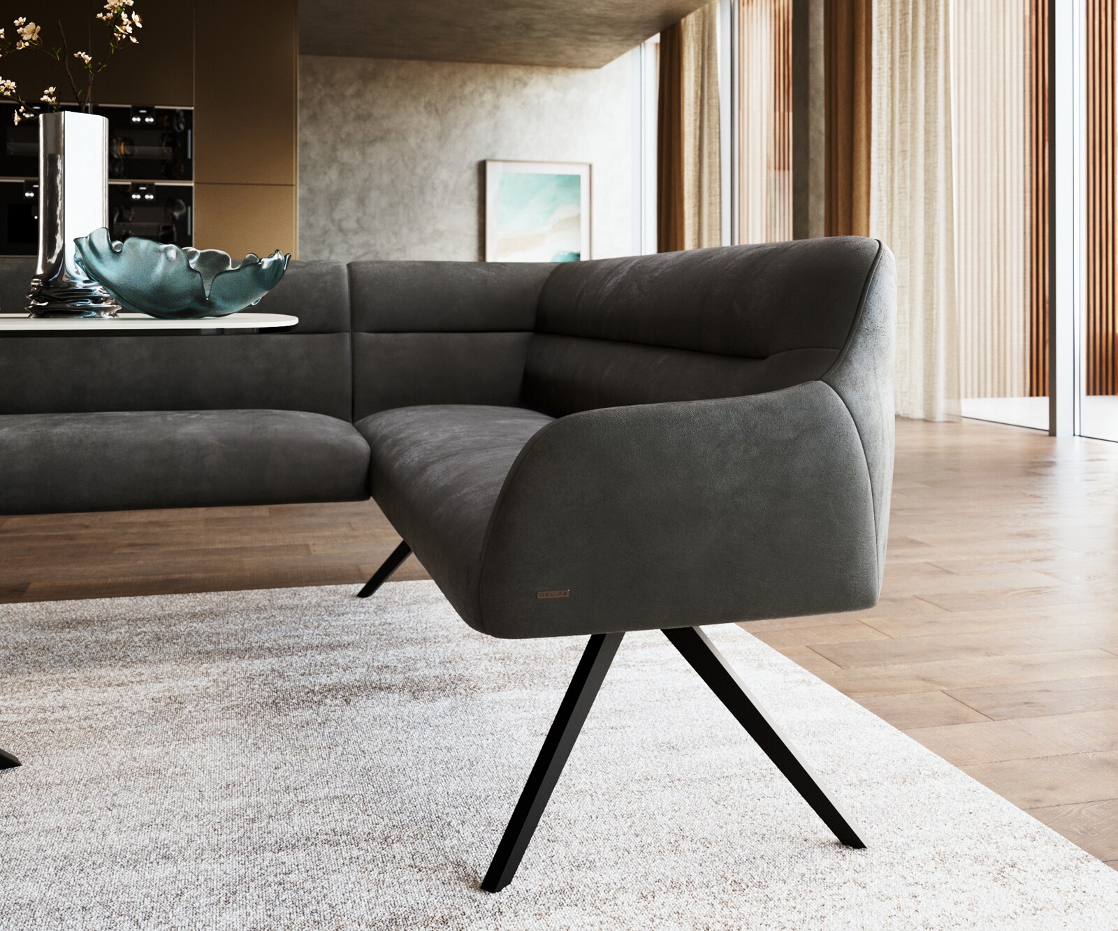 Eetkamerbank Taya-Flex 285x190 cm microvelours anthraciet vintage hoekig kruisframe zwart pocketvering links 5