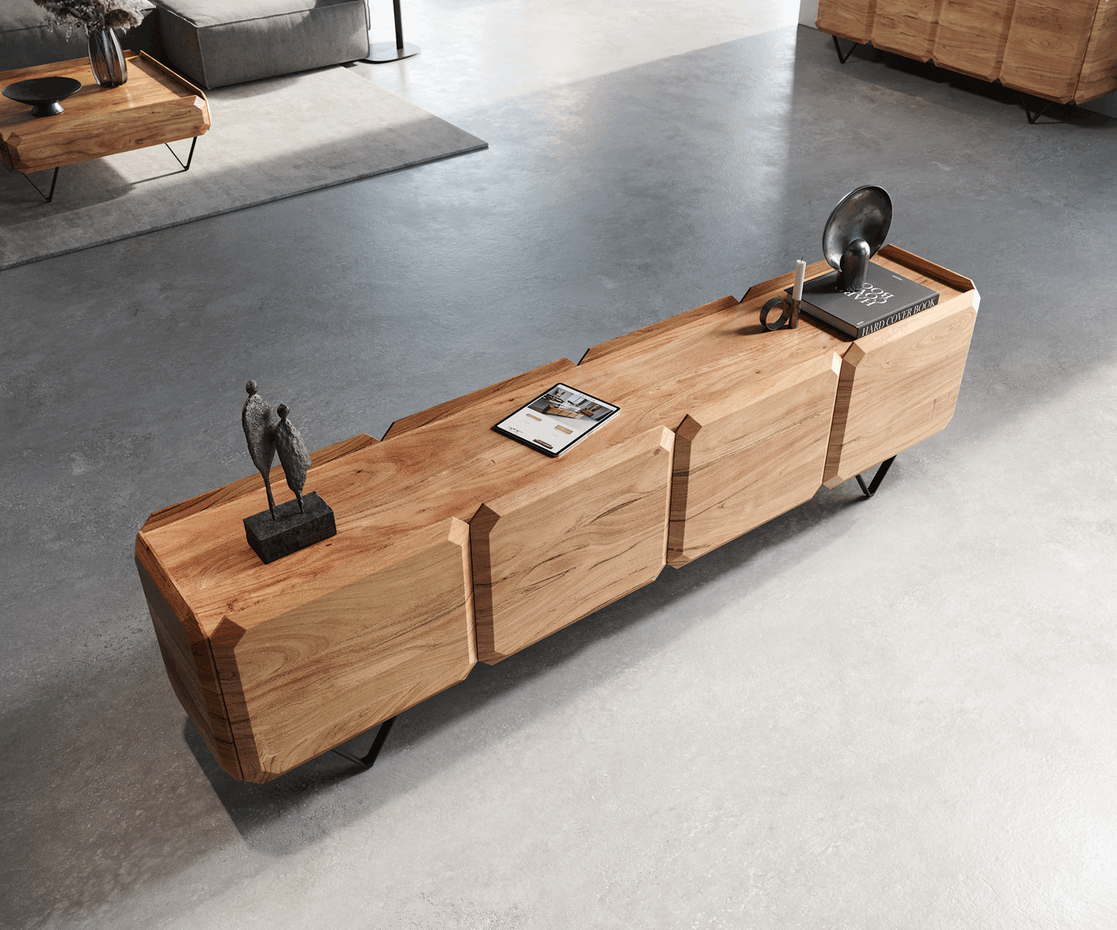 Tv-meubel Kiano 220 cm acacia natuur 4 Deuren V-poot zwart roomdivider 3