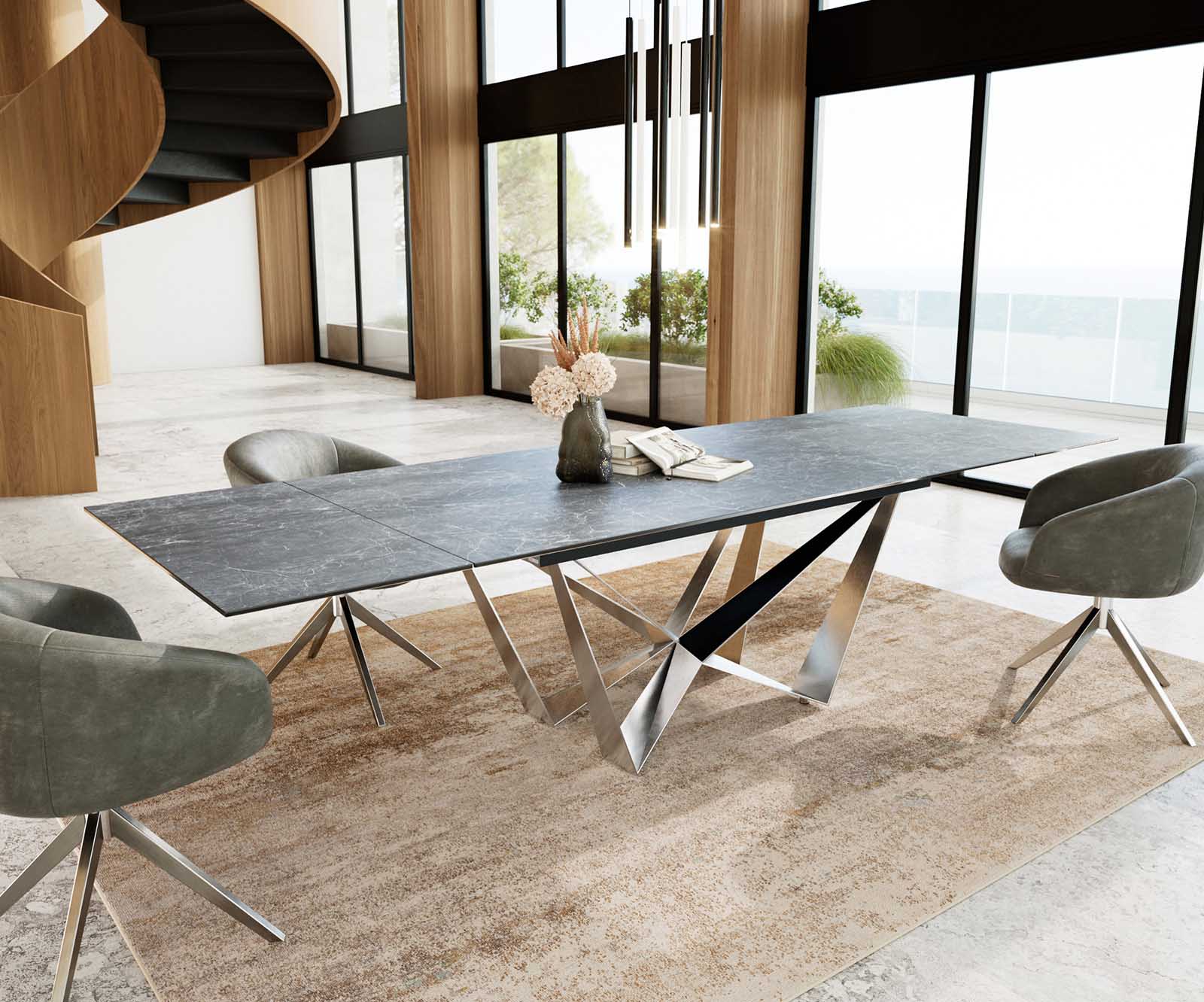 Eetkamertafel Edge 200-300x100 keramiek Laminam®Nero Greco grijs spider vlak staal RVS uitschuifbaar 4
